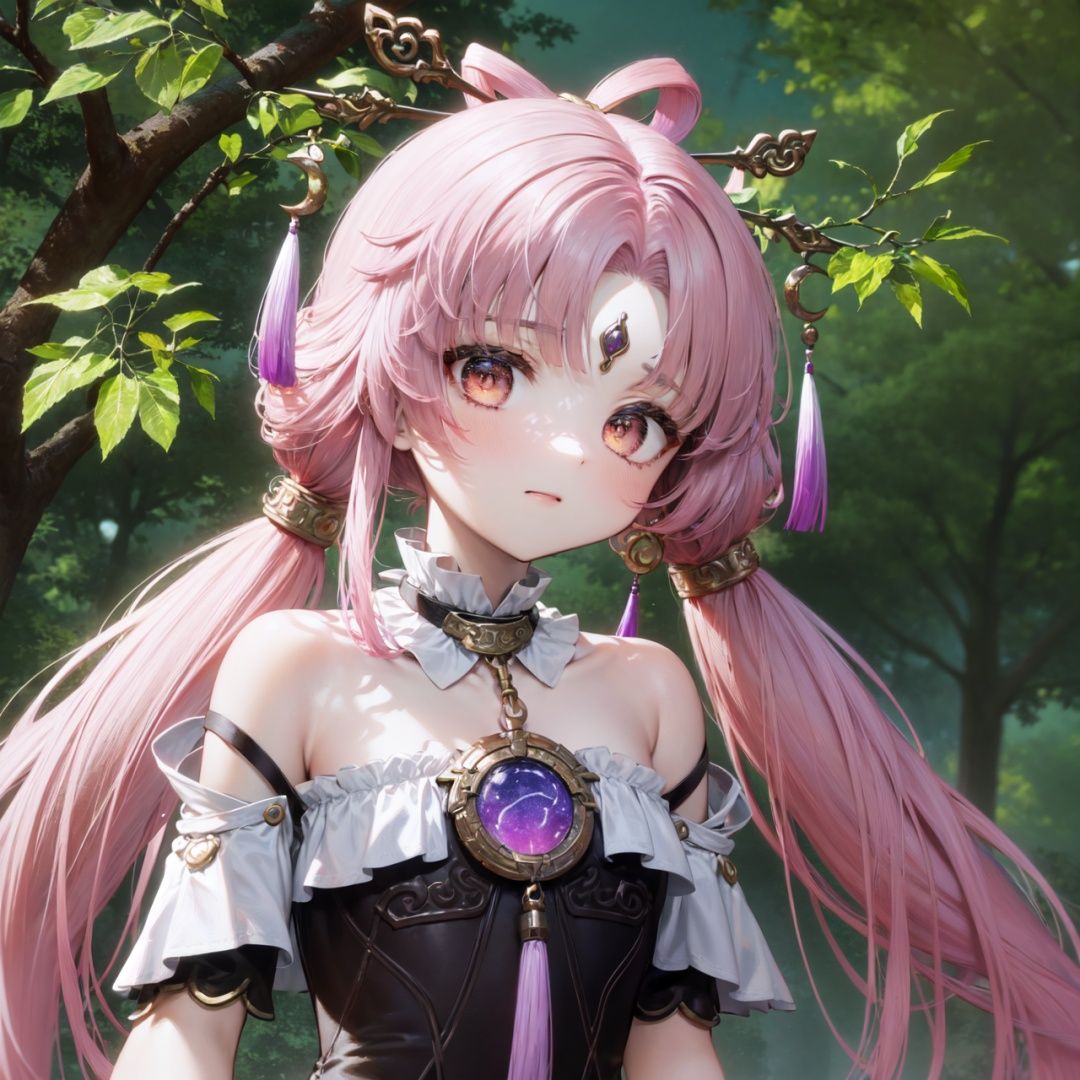 1girl, solo, outdoors, portrait,  (upper body, tree shade, sky,curious,blurry background:1.2), pink eyes, colorized, blank stare,
loli,
1girl,fuxuan,purple hair, long hair,twintails,hair rings,hair ornament,forehead jewel,brown eyes,detached collar,dress,bare shoulders, tassel,white gloves, white pantyhose,simple background, ,pink hair,