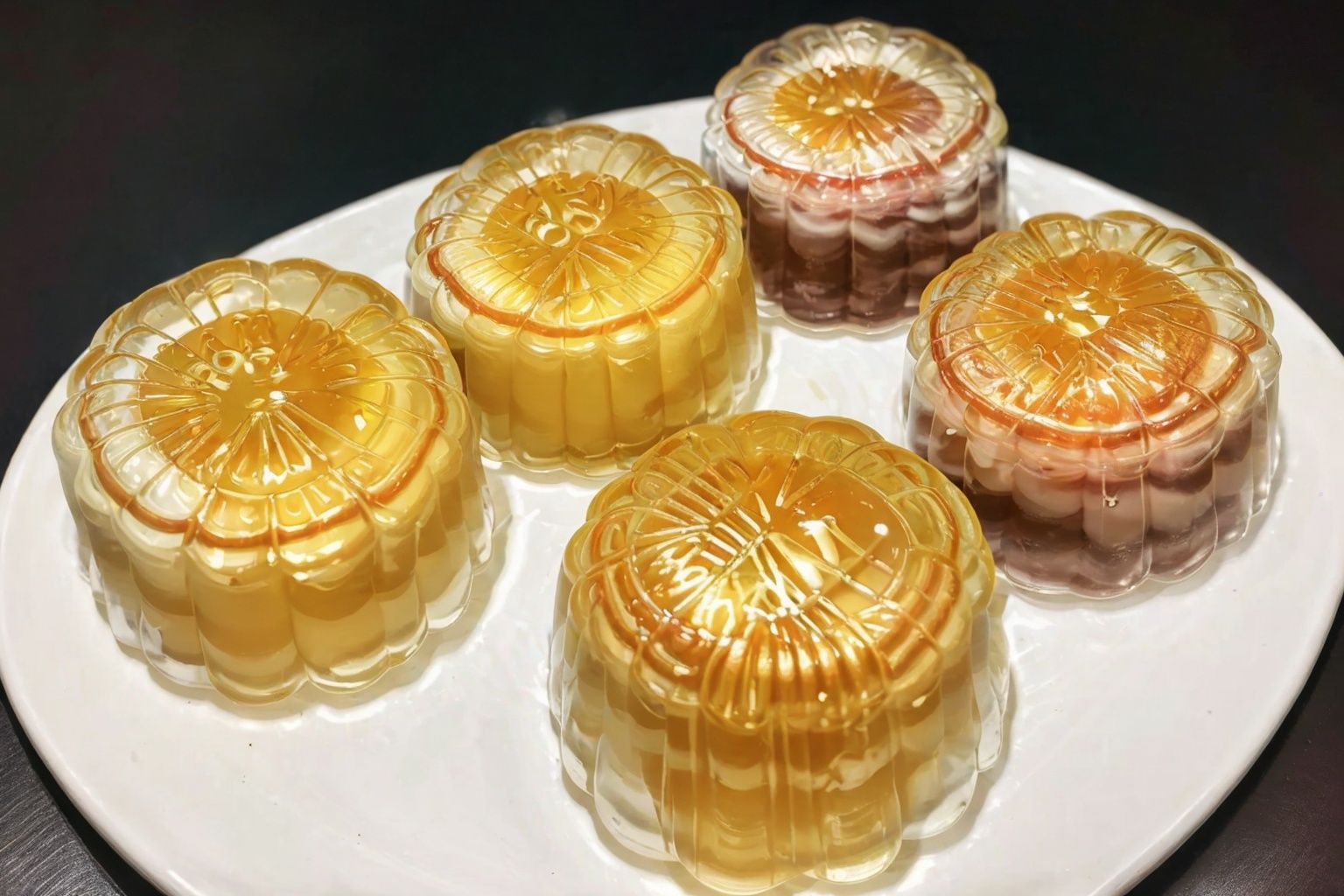 Many,transparent, mooncake,food,Moon Cake, A standard Mooncake display, sits in the center of the frame, high contrast, （Transparent）, depth of field, ray tracing, UHD, high details, best quality, 16k
