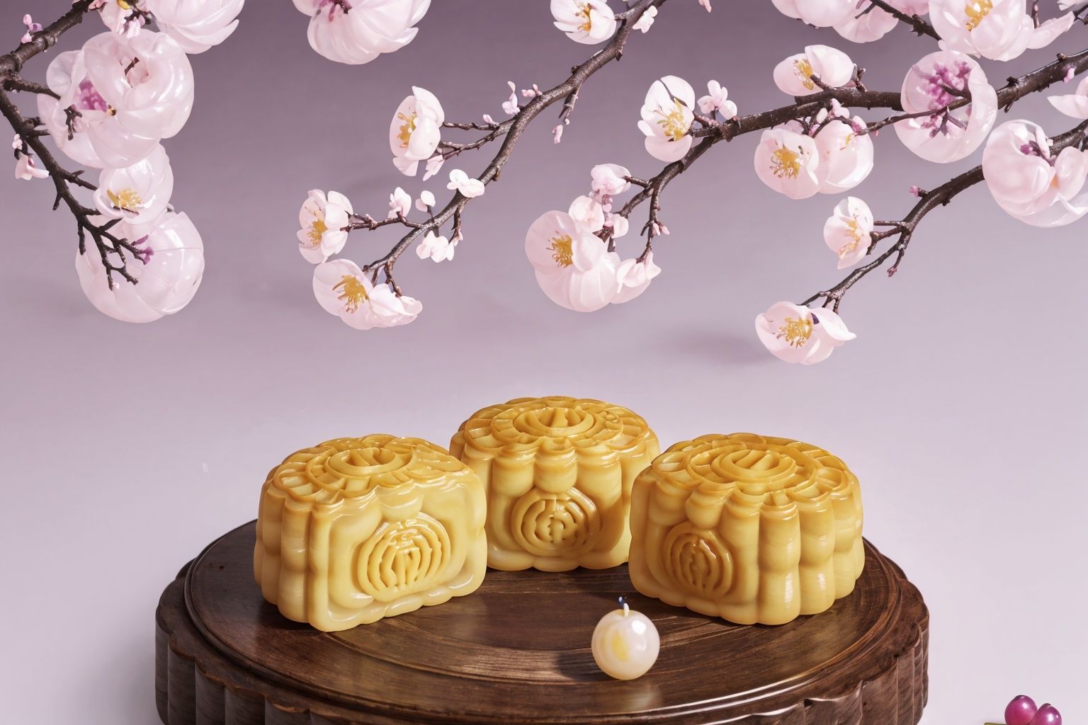real, Moon Cake, Transparent moon cake, Exquisite, Aesthetic, Publicity poster, Branch, Plum blossom, Table, masterpiece, ccurate, high details, HD