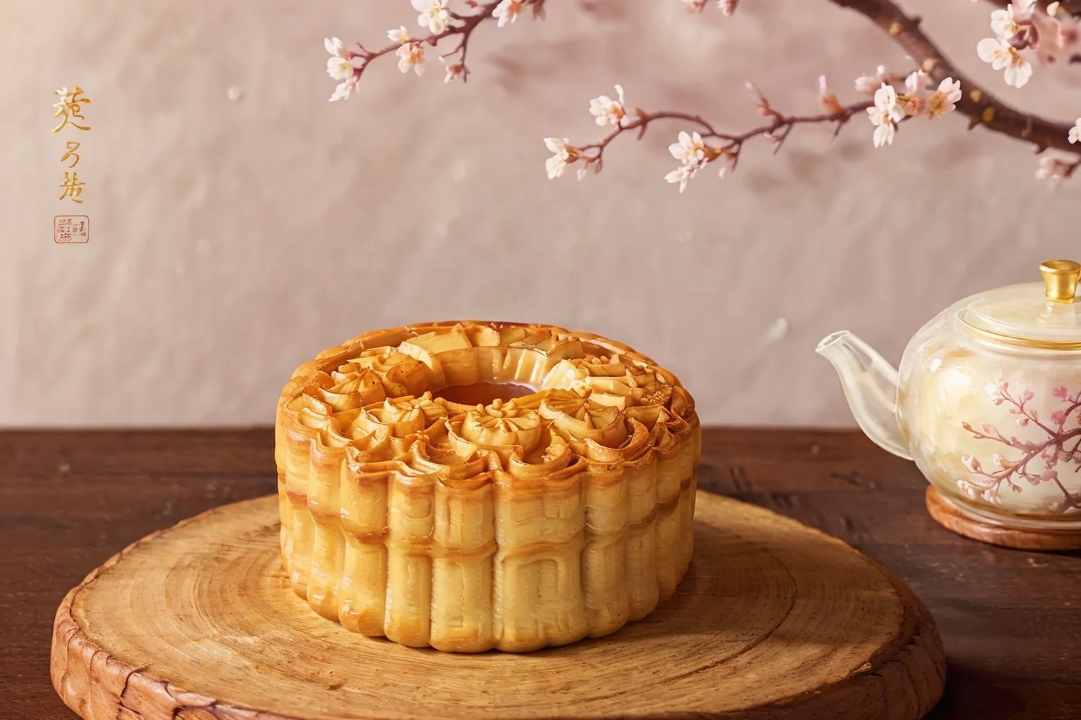 Moon Cake, Transparent moon cake, Exquisite, Aesthetic, Publicity poster, The moon, Branch, Plum blossom, Teapot, Tea cup, Table, UHD, high details, best quality, 16k