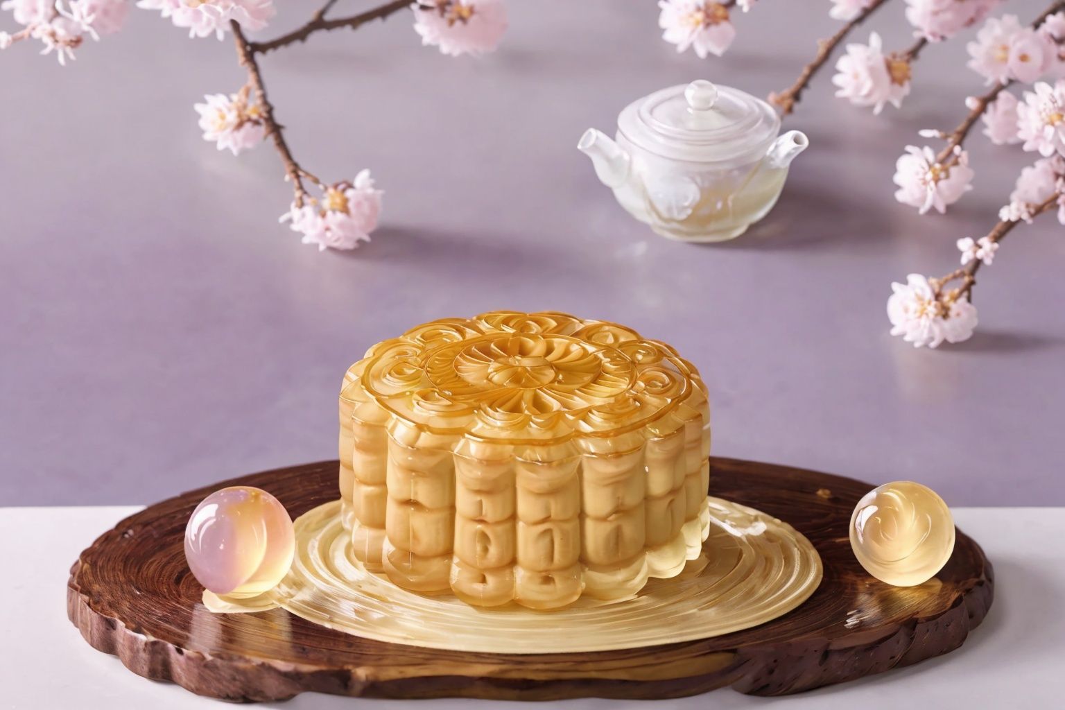 Moon Cake, Transparent moon cake, Exquisite, Aesthetic, Publicity poster, The moon, Branch, Plum blossom, Teapot, Tea cup, Table, UHD, high details, best quality, 16k