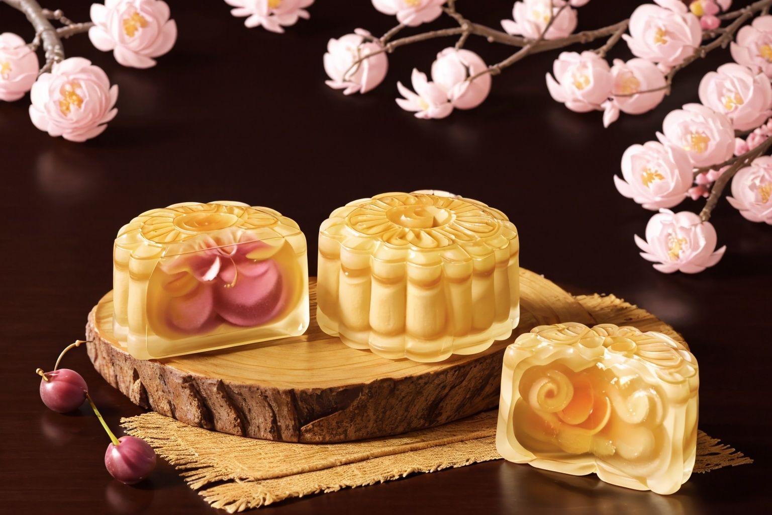 Moon Cake, Transparent moon cake, Exquisite, Aesthetic, Publicity poster, The moon, Branch, Plum blossom, Teapot, Tea cup, Table, UHD, high details, best quality, 16k