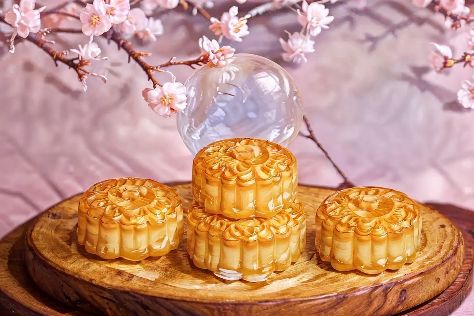 Moon Cake, Transparent moon cake, Exquisite, Aesthetic, Publicity poster, The moon, Branch, Plum blossom, Teapot, Tea cup, Table, UHD, high details, best quality, 16k