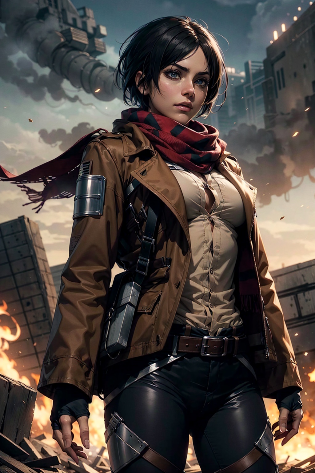 Cowboy shot of mikasa ackerman,  scarf,  medium breasts on Tensor.Art