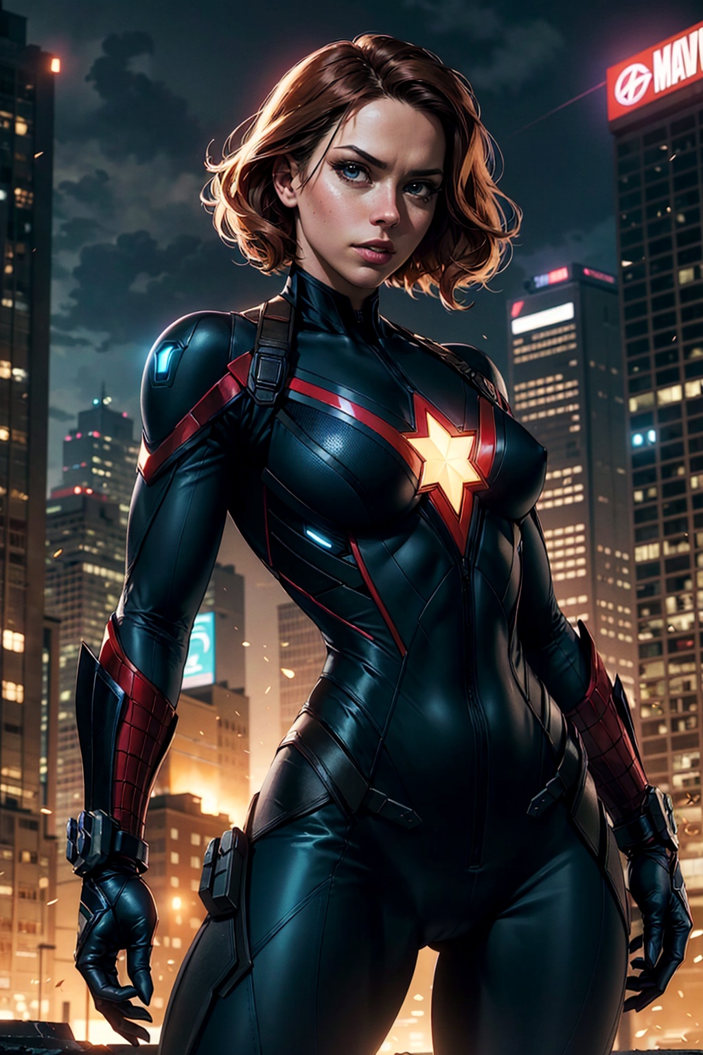 cowboy shot of black widow,  black bodysuit,  combat suit on Tensor.Art