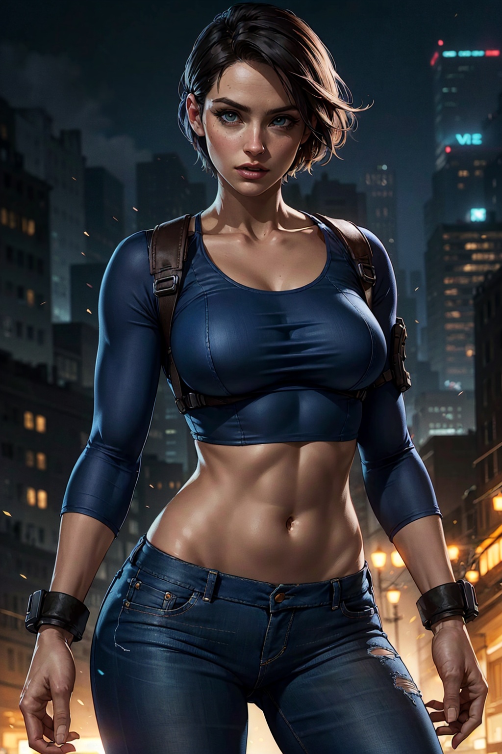 Cowboy shot of jill valentine,  short hair,  blue top on Tensor.Art