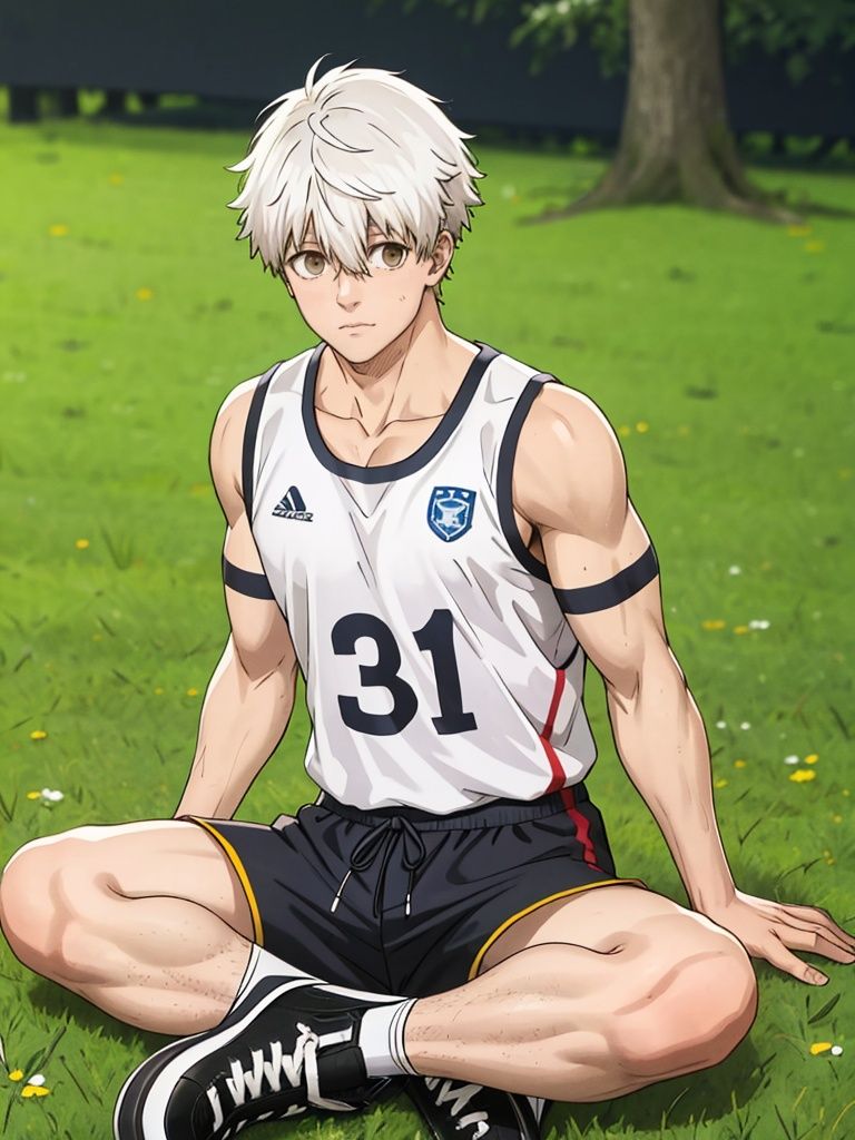 <lora:nagi-000006:1>,nagi,1boy,male focus,solo,white hair,hair between eyes,short hair,grey eyes,black eyes,brown eyes,sportswear,grass,arthur pendragon \(fate\),indian style,shoes,shorts,sitting,sneakers, best quality,masterpiece,highres,