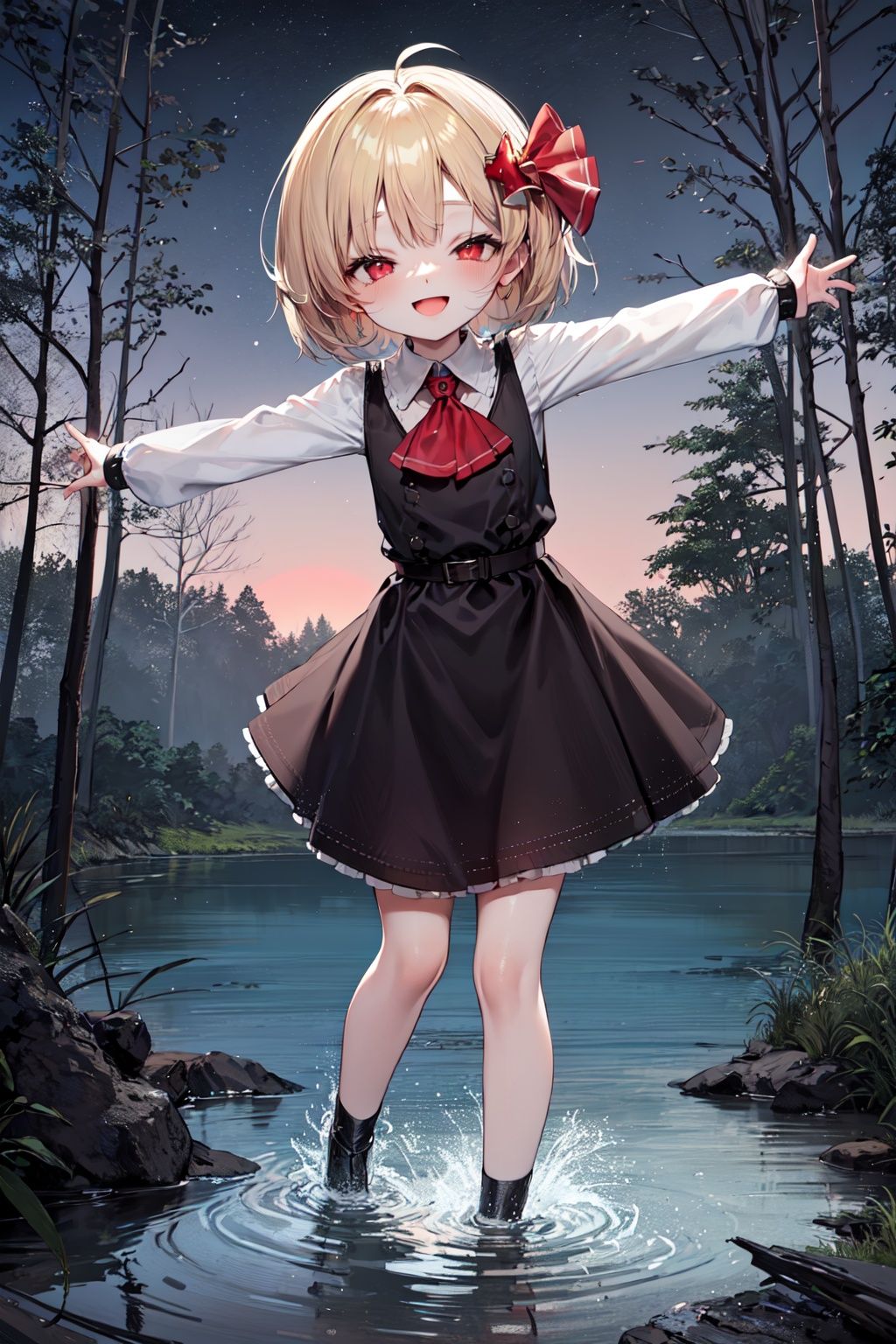 (panorama,portrait, castle),(loli,Rumia,solo:1.4),beautiful detailed water, happy,small child,flying
red eyes,yellow hair,short messy hair,(short lolita|short black dress|white shirt,knee),
open arm,forest,sky,lake,half-closed eyes
stand,at night,blue,green,red moon,red fog