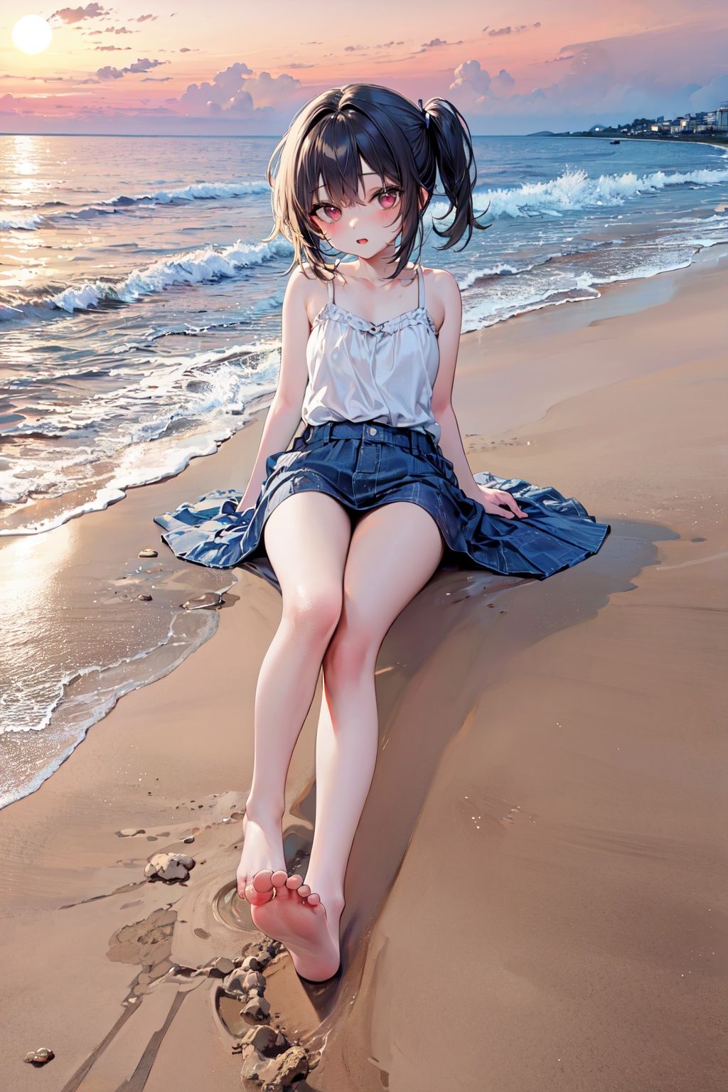 masterpiece, best quality, ultra high res, 1girl, full body, scenery, ocean, sunset, city, barefoot, footprints, sand,
(loli)
