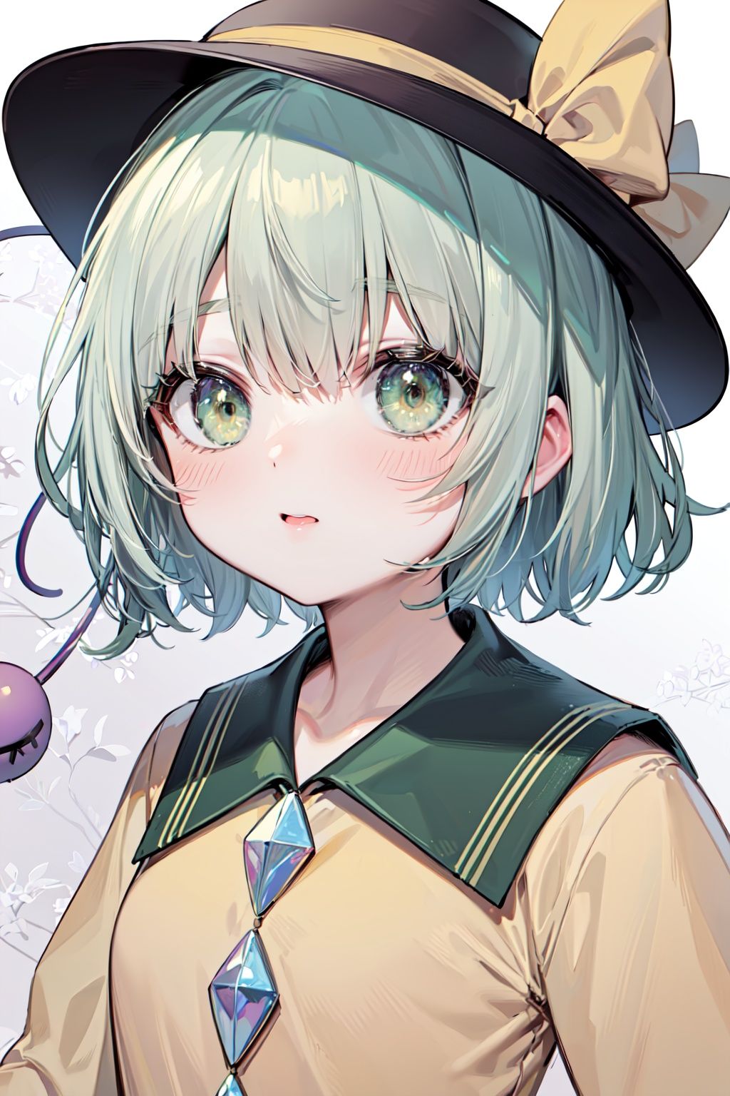 ((masterpiece,best quality,wallpaper,illustrationbest,panorama)),
(portrait, upper body,komeijikoishi,loli:1.4)
(black hat,yellow jacket)green eyes,purple
