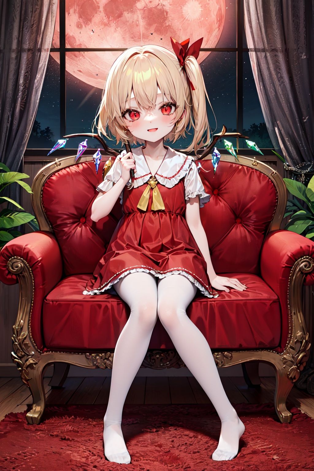 Flandre Scarlet ,crazy smill,panorama, portrait,indoors,night,red moon,upper body,on sofa,white pantyhose, white pantyhose,knee
loli,small child,night clothes, window,tree
feet,no shoes,