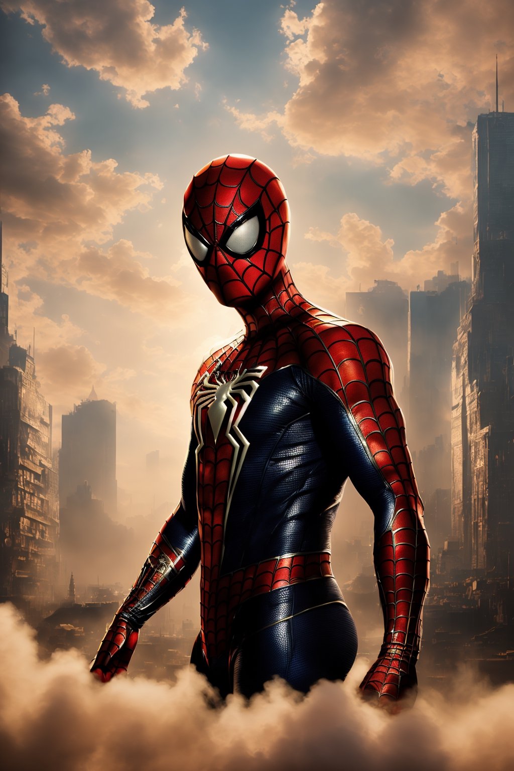 A breathtaking 8K photorealistic concept art masterpiece, (Spiderman adorned in a stunning white and gold armor-style suit, unmasked, with a white cape billowing gracefully:1.3), Set against the backdrop of a highly detailed night cityscape, captured with perfect composition and sharp focus, (A cinematic vision of artistry:1.3), Bathed in soft, natural volumetric lighting, the chiaroscuro effect enhancing the intricate details of the suit, (A true award-winning photograph:1.3), Created in the style reminiscent of the great masters Raphael, Caravaggio, and modern visionaries like Greg Rutkowski, Beeple, Beksinski, and Giger, (A piece trending on ArtStation for its artistic brilliance:1.3), This oil on canvas marvel is a testament to artistic excellence, showcasing Spiderman as you've never seen him before, (An artistic achievement beyond compare:1.3)