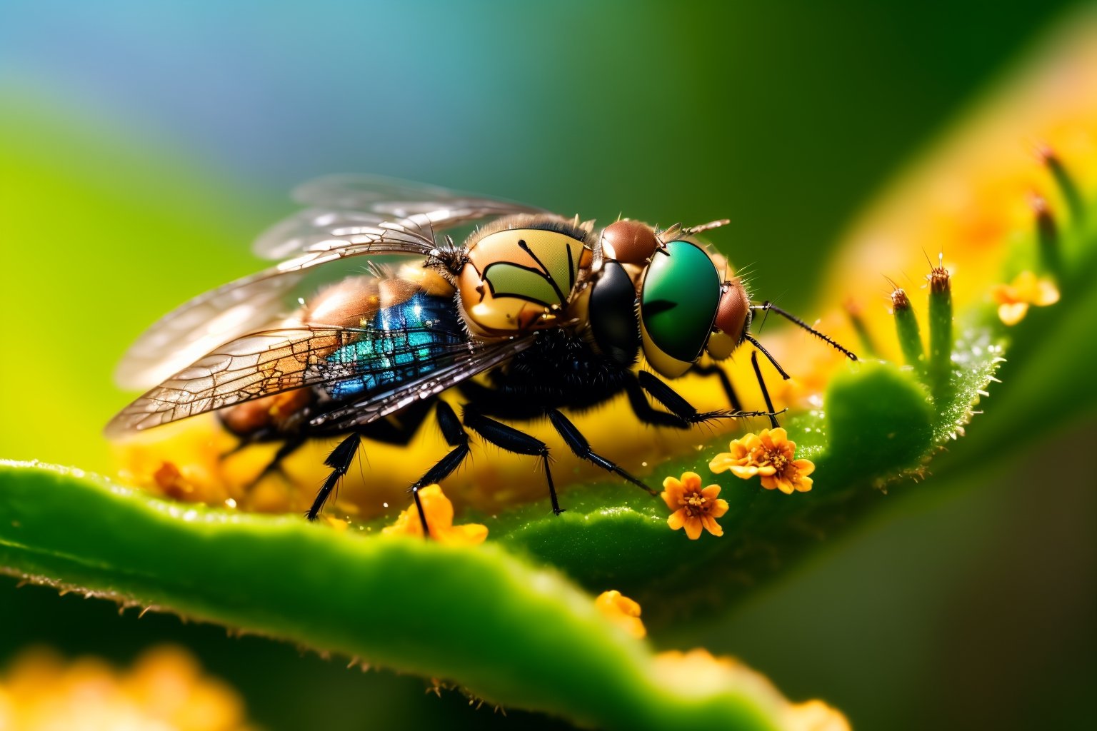 (macro photography:1.2), (cinematic and dynamic:1.3), Step into the miniature world with a super close-up macro shot of a fly resting on a colorful flower. The high contrast and cinematic lighting accentuate the photo-realistic details, while the super vibrant colors against a cinematic background create a visually engaging scene, perfect for a short cinematic adventure that magnifies the beauty of nature.