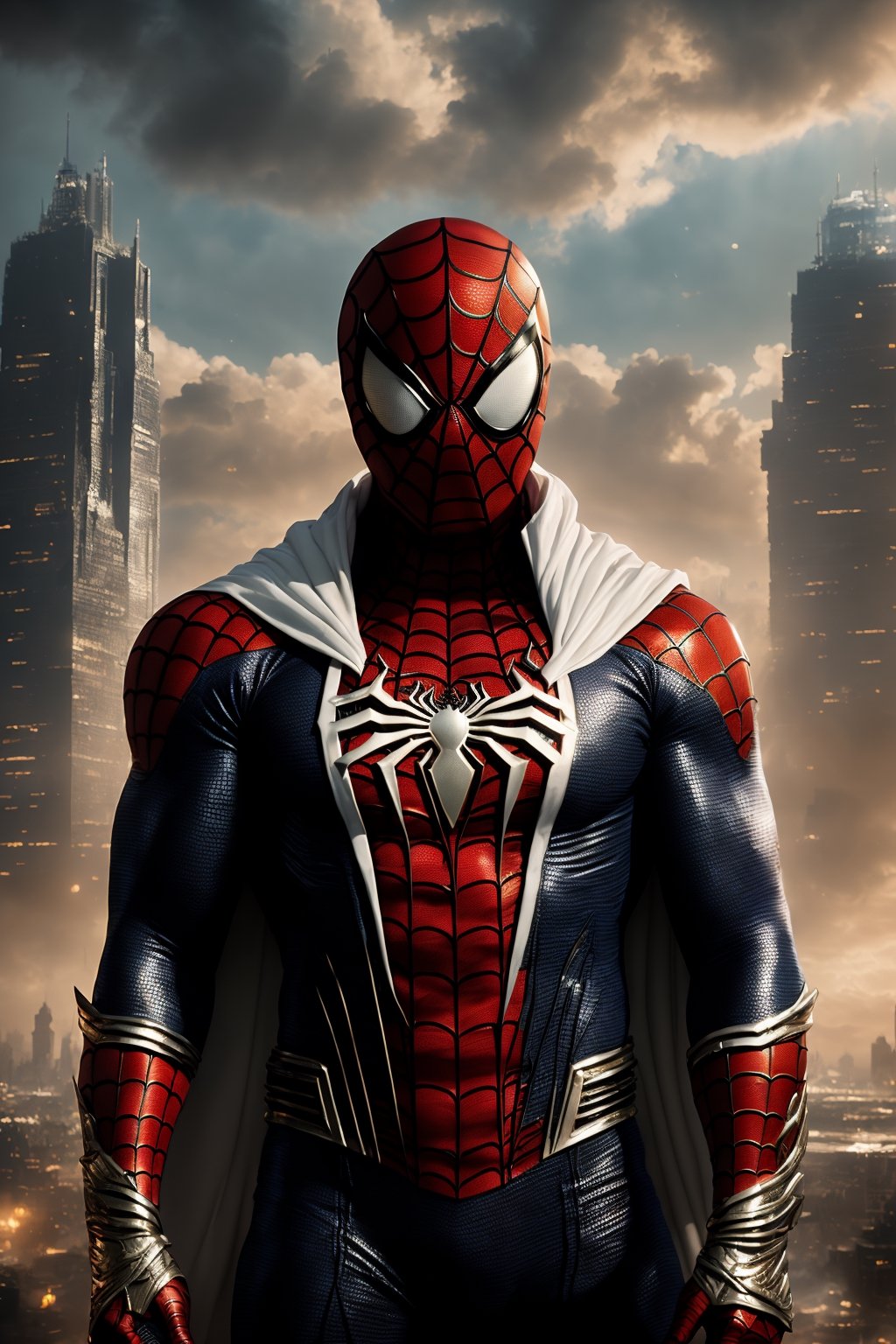 A breathtaking 8K photorealistic concept art masterpiece, (Spiderman adorned in a stunning white and gold armor-style suit, unmasked, with a white cape billowing gracefully:1.3), Set against the backdrop of a highly detailed night cityscape, captured with perfect composition and sharp focus, (A cinematic vision of artistry:1.3), Bathed in soft, natural volumetric lighting, the chiaroscuro effect enhancing the intricate details of the suit, (A true award-winning photograph:1.3), Created in the style reminiscent of the great masters Raphael, Caravaggio, and modern visionaries like Greg Rutkowski, Beeple, Beksinski, and Giger, (A piece trending on ArtStation for its artistic brilliance:1.3), This oil on canvas marvel is a testament to artistic excellence, showcasing Spiderman as you've never seen him before, (An artistic achievement beyond compare:1.3)