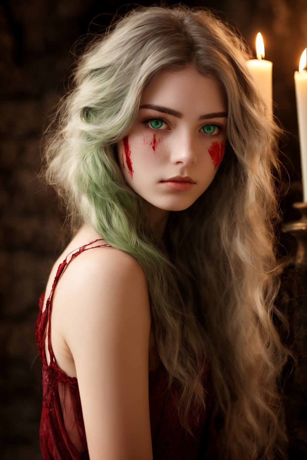 (a deep reddish wound crosses her left cheek) fair complexion, woman around 19 years old, natural white hair, distinctive green eyes, wearing kohl, slender and graceful, beautiful, candlelight in a medieval setting, ultra sharp focus, realistic shot, medieval female clothes, tetradic colors (scar:1.4)