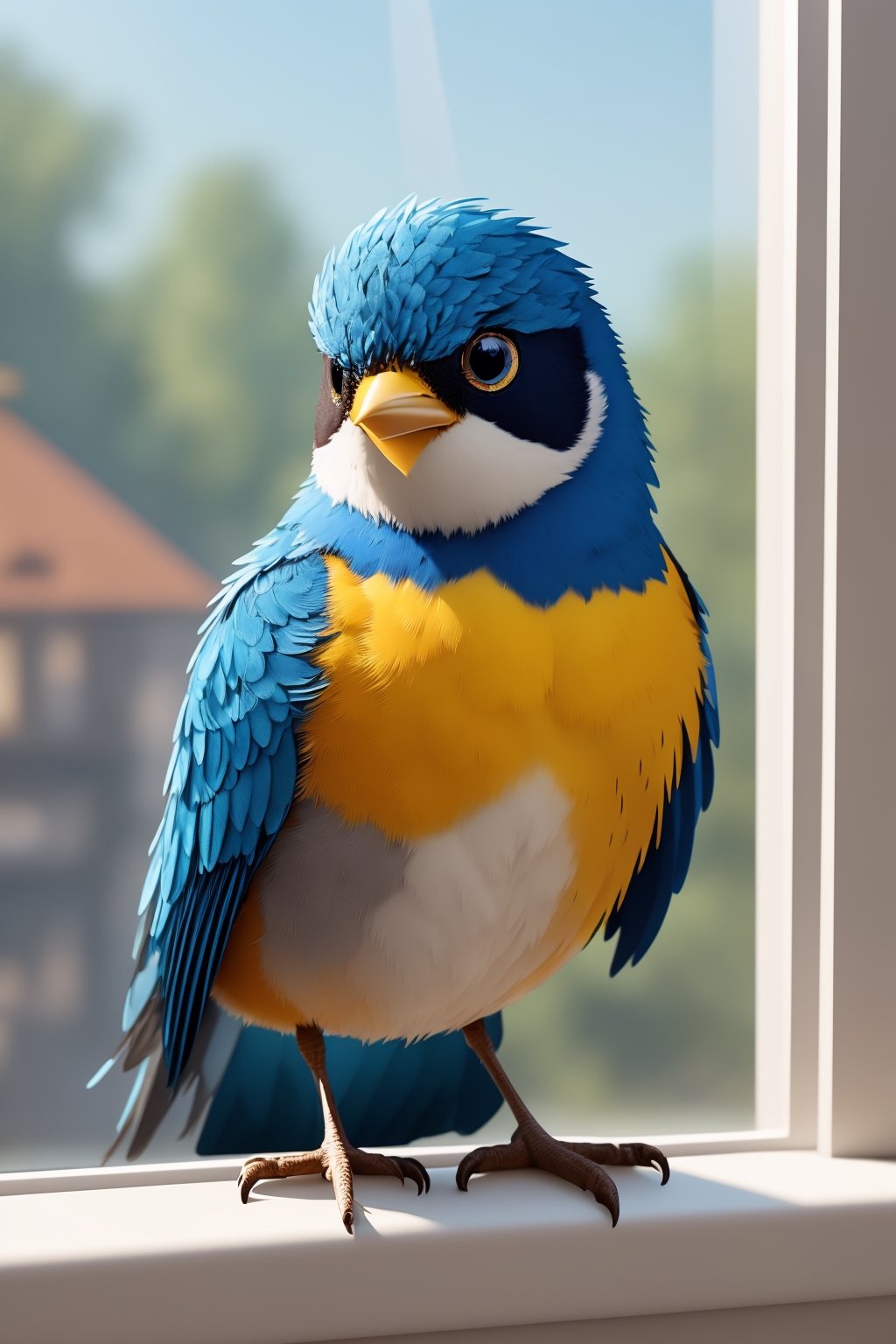 (best quality, hyper-realistic, 8K, ultra HD), (Pixar style, Disney style, Cinema 4D), Create a stunning 8K ultra HD illustration that brings Benny, a small bird with bright blue feathers and a melodious voice, to life. Render Benny in a hyper-realistic style, paying homage to both Pixar and Disney's iconic animation styles, using the power of Cinema 4D to capture every intricate detail of this charming character perched gracefully on a windowsill.