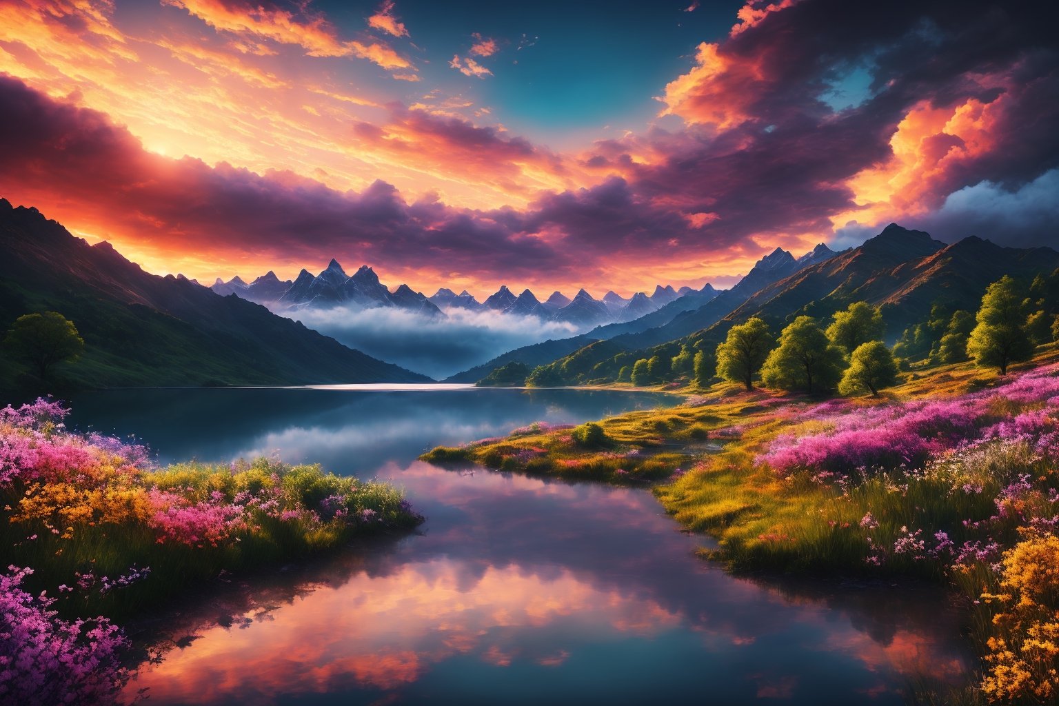 (best quality, 8K, ultra-detailed, masterpiece), (ultra-realistic, photorealistic), A breathtaking 8K masterpiece showcasing the awe-inspiring beauty of a cinematic landscape painted with super vibrant colors. The landscape captures nature's majesty, with rolling hills, a serene lake, and a colorful sky that seems to burst with life. This scene exudes tranquility and an enchanting sense of wonder, inviting viewers to immerse themselves in its vivid, cinematic splendor