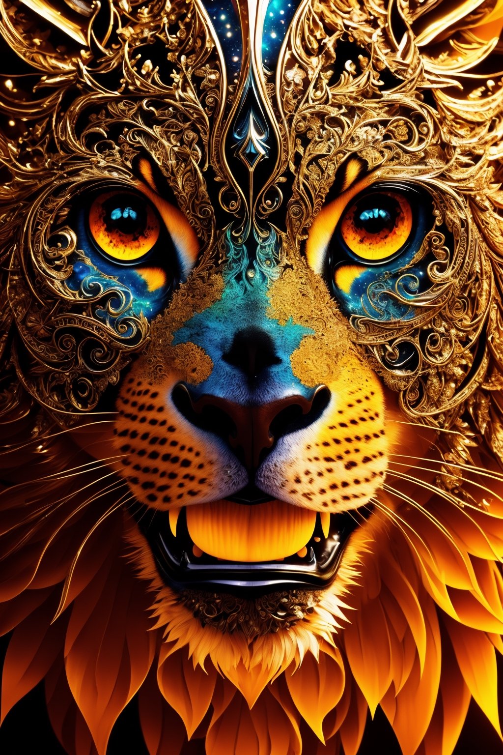 An awe-inspiring 8K HD art masterpiece, (Featuring the majestic King Leão Nebulosa Galaxy:1.3), Designed with a trendy and vibrant colorful gradient, set against a dark background for maximum impact, (A striking and eye-catching shirt print:1.3), Created in a highly detailed abstract style, utilizing Adobe Illustrator to achieve a perfect vector and 3D illustration, (A fusion of abstract and photorealistic art:1.3), The King Leão Nebulosa Galaxy takes center stage, captivating with its intricate details, particularly its head feathers, (A hyper-detailed cosmic portrait:1.3), Rendered with photorealistic precision and lit with Unreal Engine 5's volumetric lighting for a Gothic and high-resolution effect, (An art piece that brings innovation and truth to life:1.3), Captured using a Nikon 15mm f/1.8G lens, providing an up-close and intimate view, (A close-up masterpiece illuminated by ambient light:1.3), The artwork features ornate lace and smudges, adding depth and complexity to the environment, (An ornate and fantastical visual journey:1.3), A work of art that stands at the intersection of realism and fantasy, designed to mesmerize and inspire, (A 3D illustration that combines glamour and intricate detail:1.3)