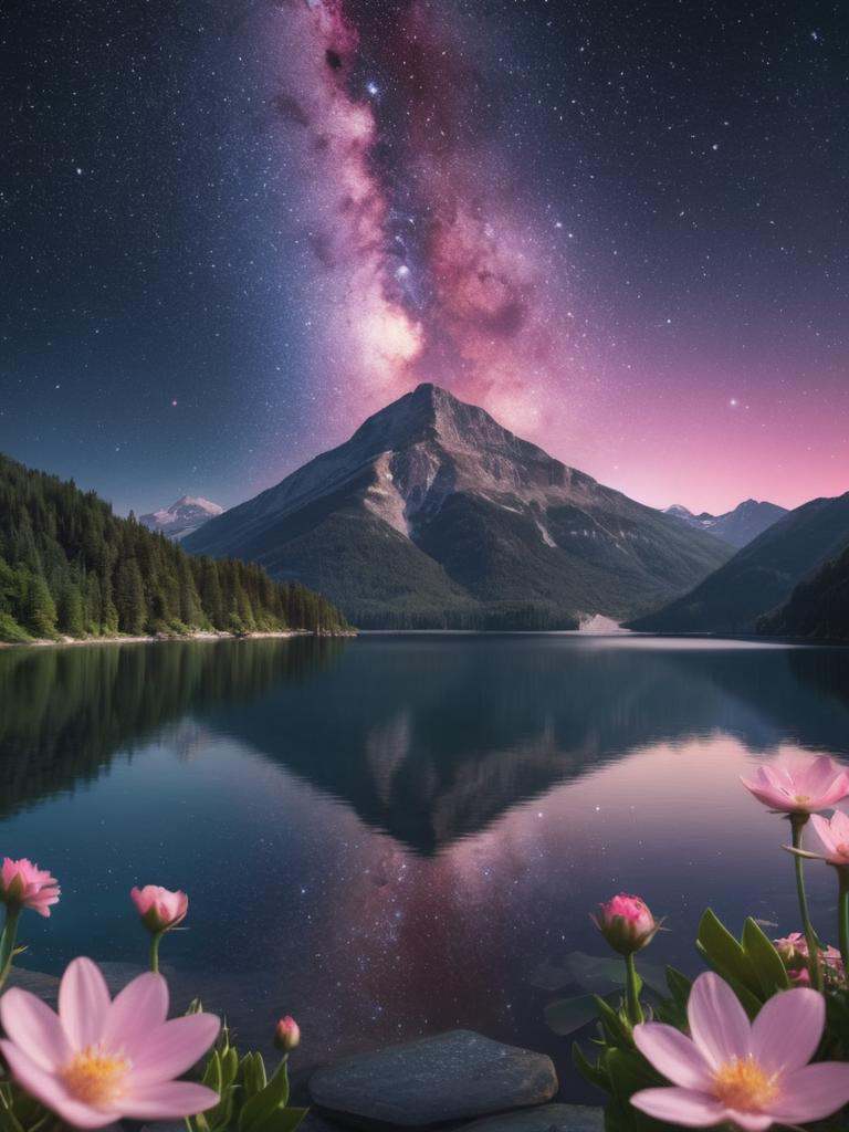a lake with a mountain in the background and a night sky filled with stars above it and a few pink flowers in the foregrou...