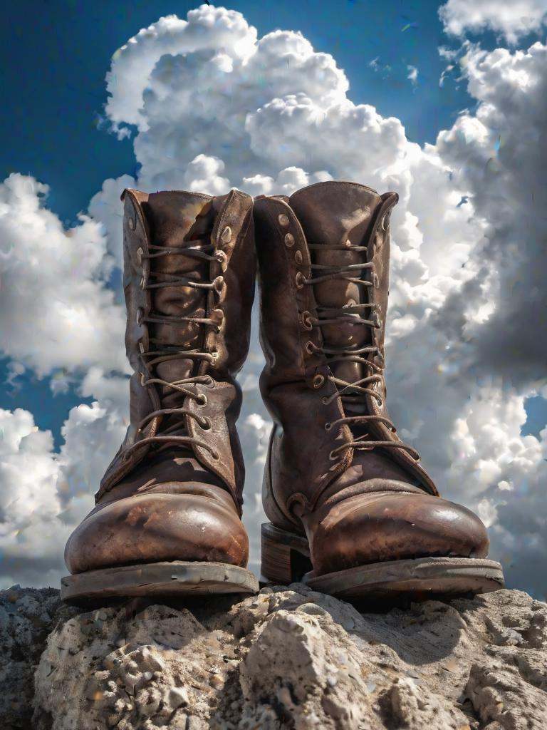 hyper detailed photograph of an old ancient pair of boots underneath fluffy clouds in sky,  daytime,  |photographic on Ten...