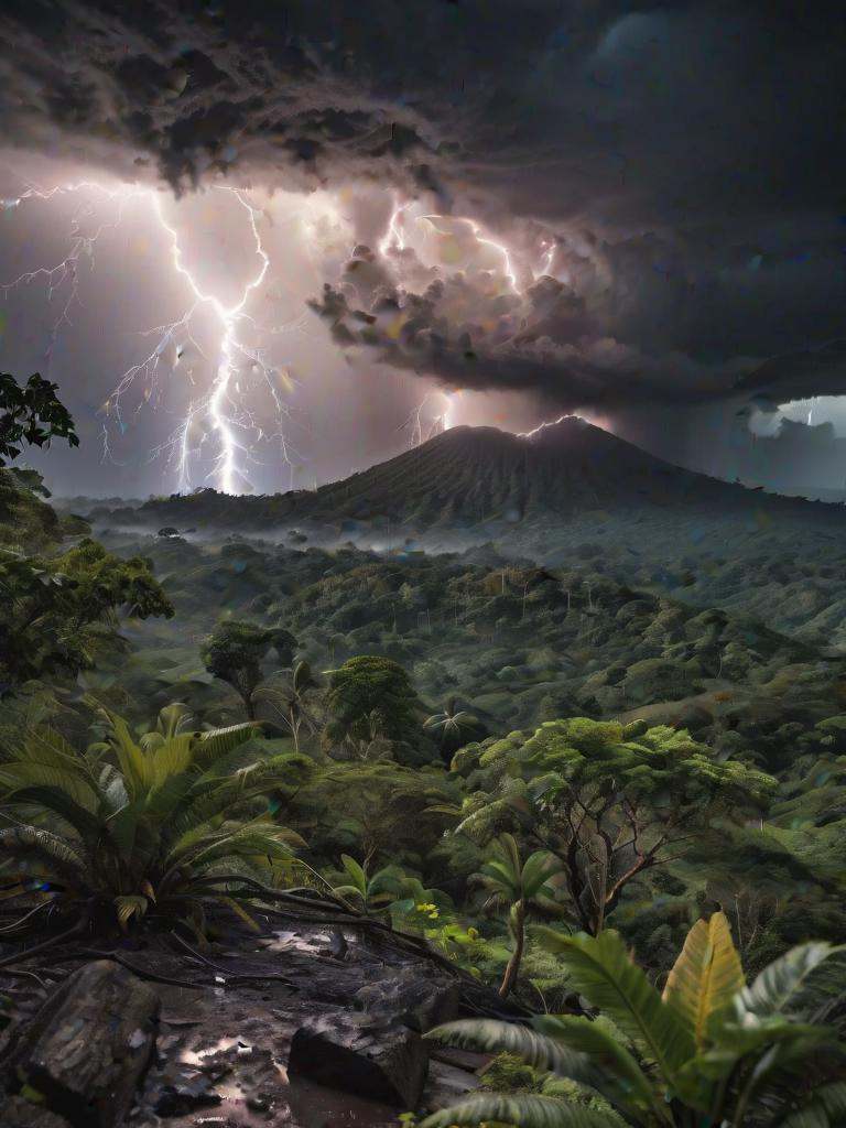 hyper detailed photograph of a landscape of a ravaged Costa Rica,  Stormy weather,  Lightning on Tensor.Art