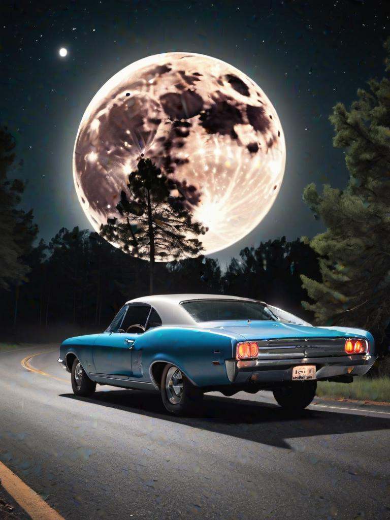 hyper detailed photograph of an old retro 60's car driving underneath a huge detailed full circular moon,  stars in sky,...