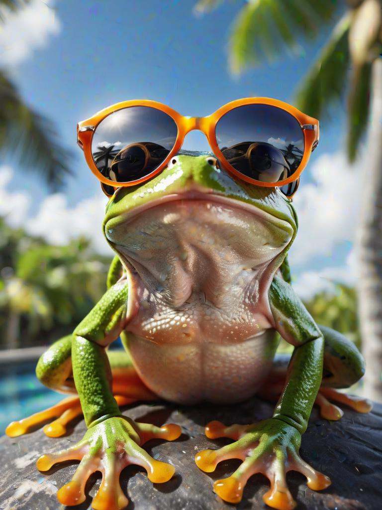 hyper detailed photograph of a frog wearing sunglasses under a tropical sky,  daytime,  |photographic on Tensor.Art