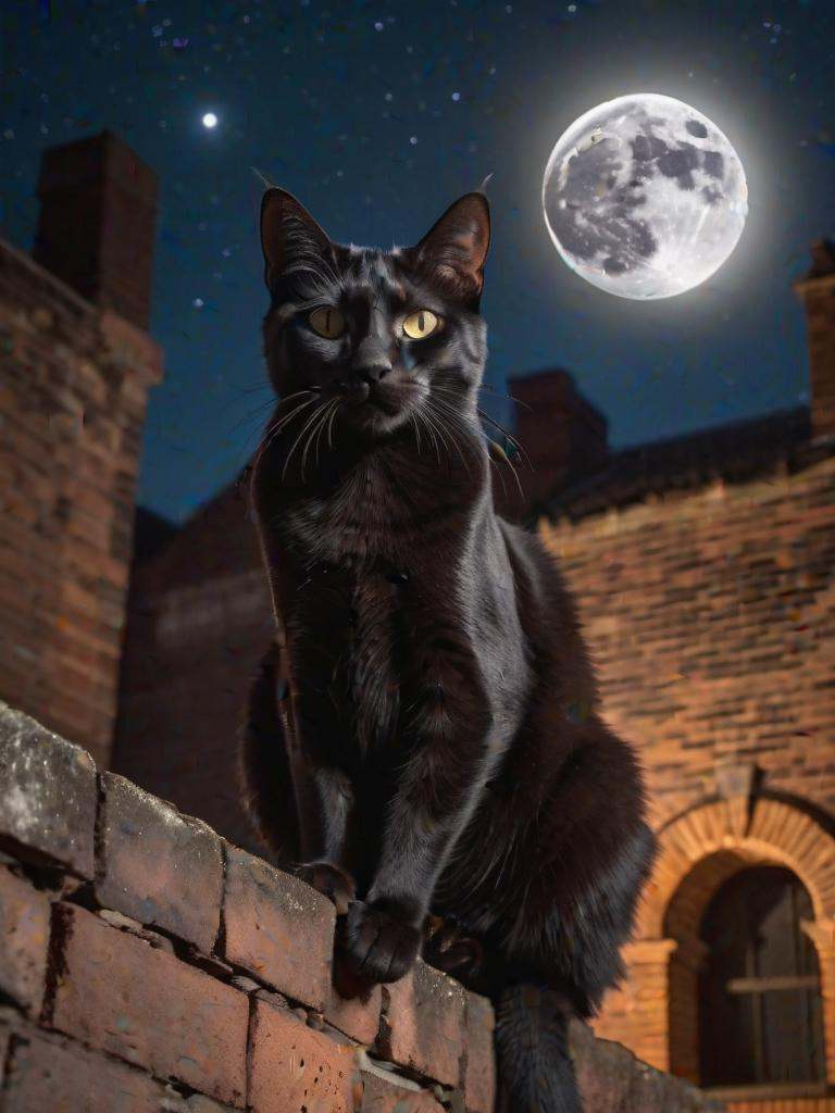hyper detailed photograph of a black bombay cat sitting on top a brickwall underneath a huge detailed full circular moon,...