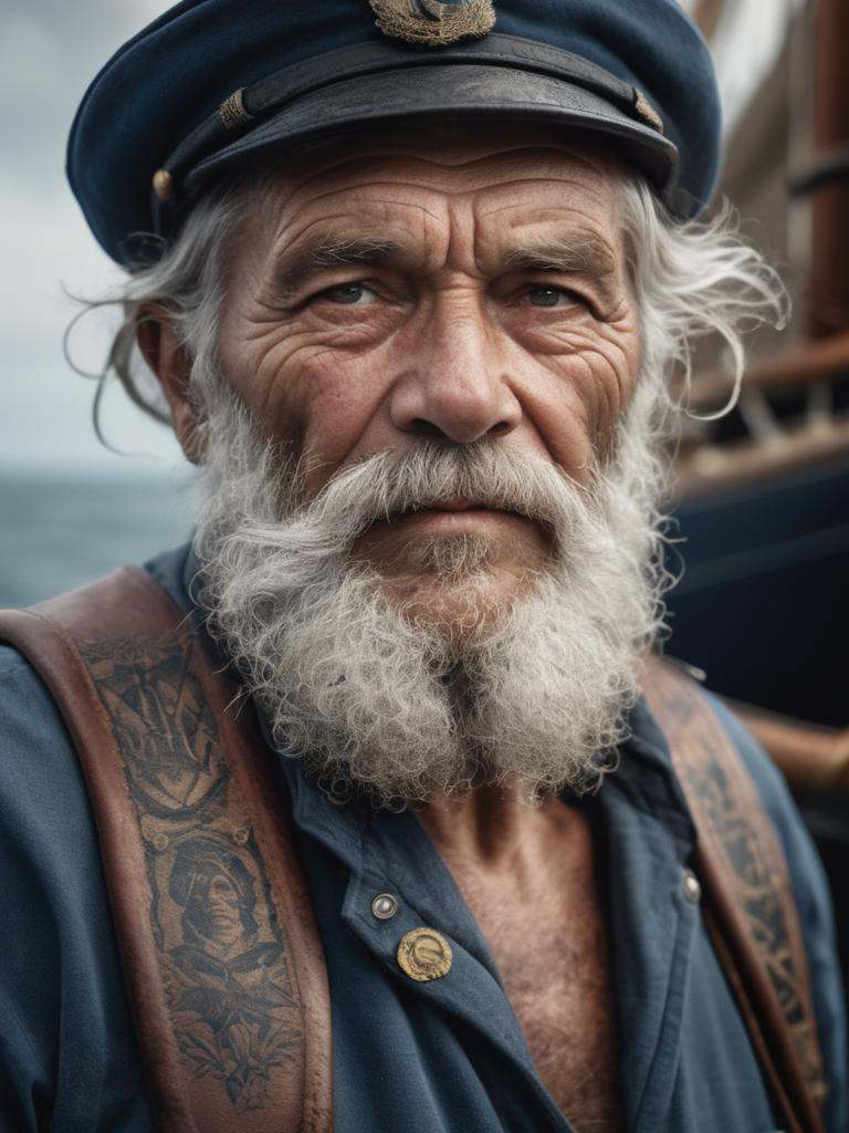 Hyper detailed photograph of a captivating portrait of a wise and weathered old sailor,  adorned with nautical tattoos and...