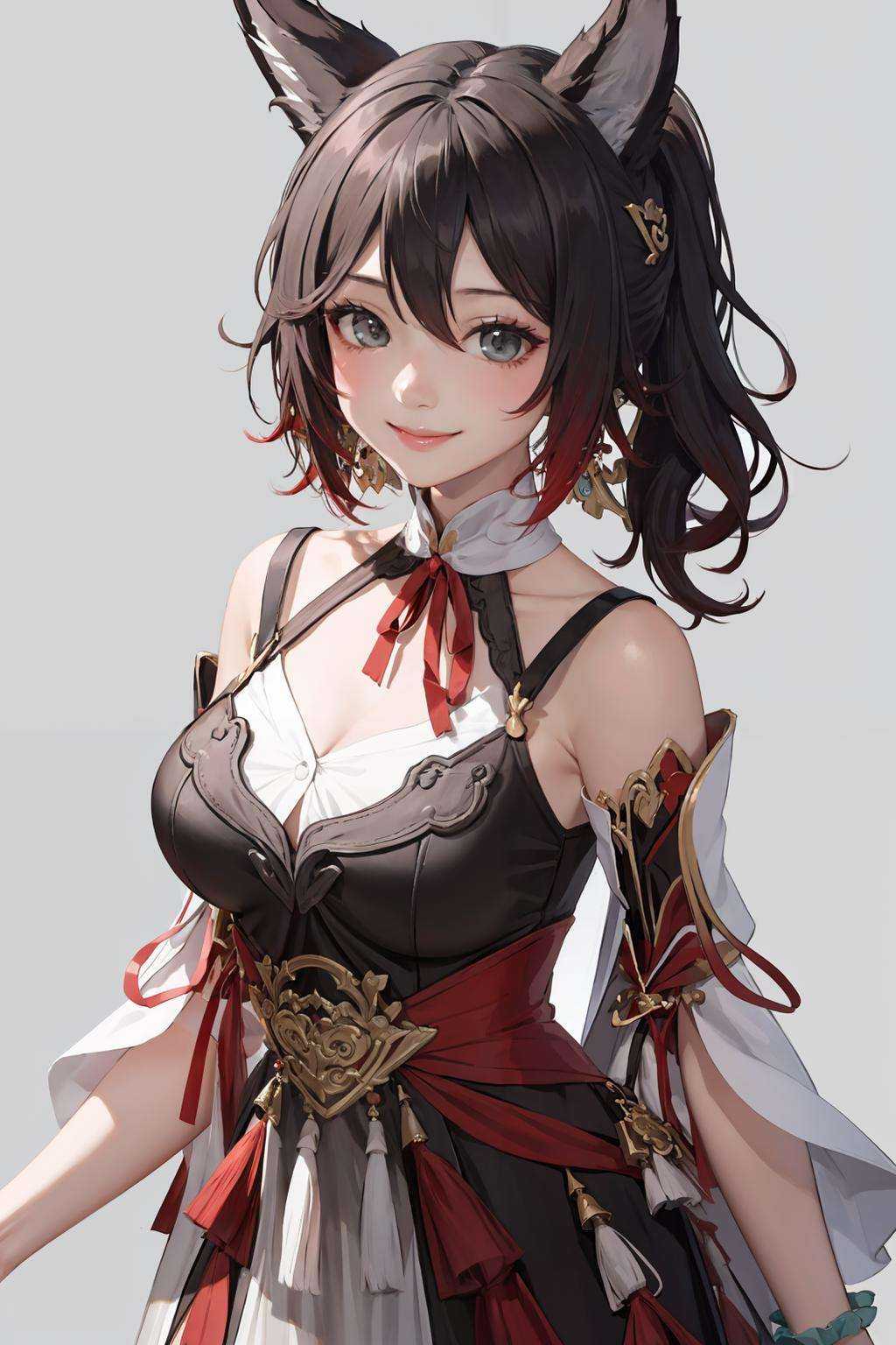 masterpiece, best quality,<lora:tingyun-sver:1>,1girl,tingyun,smile,grey background, cowboy shot, 