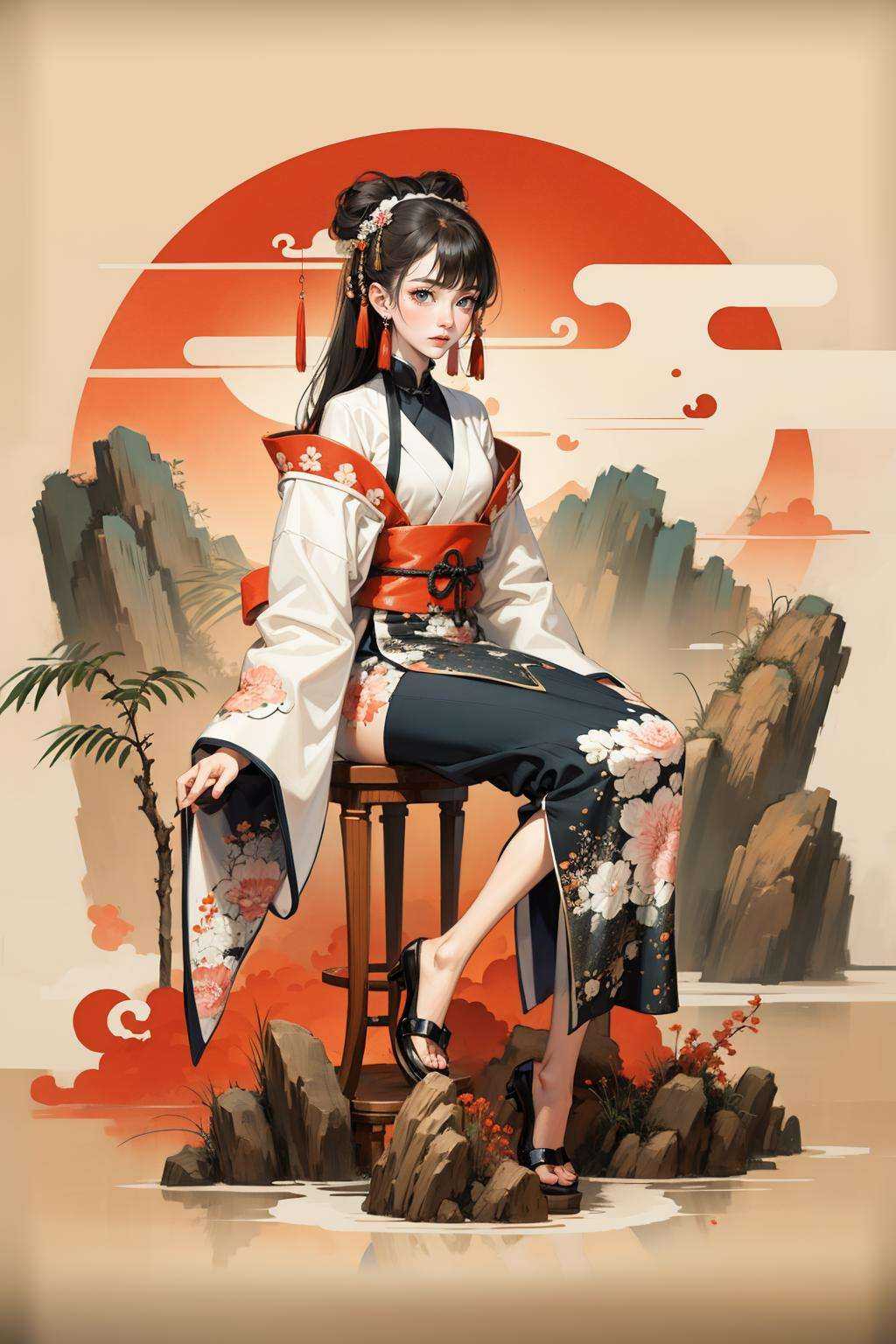 <lora:鹤﷿:0.8>,chinese ink painting style,1girl,