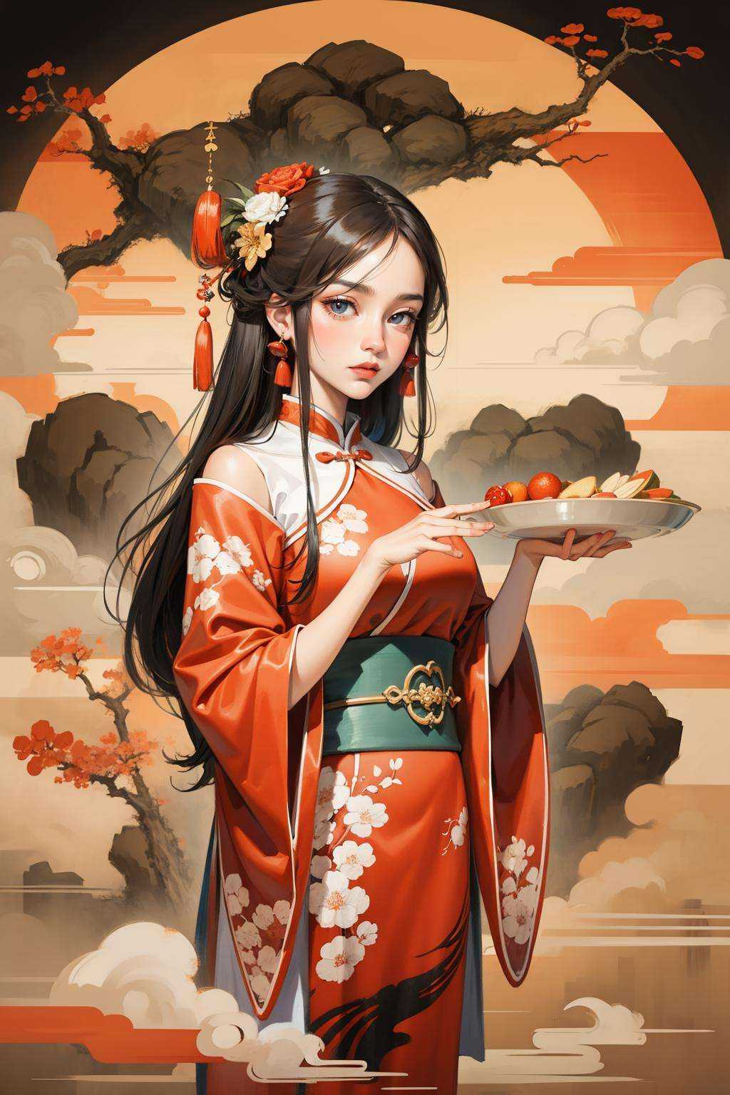 <lora:鹤﷿:0.8>,chinese ink painting style,1girl,
