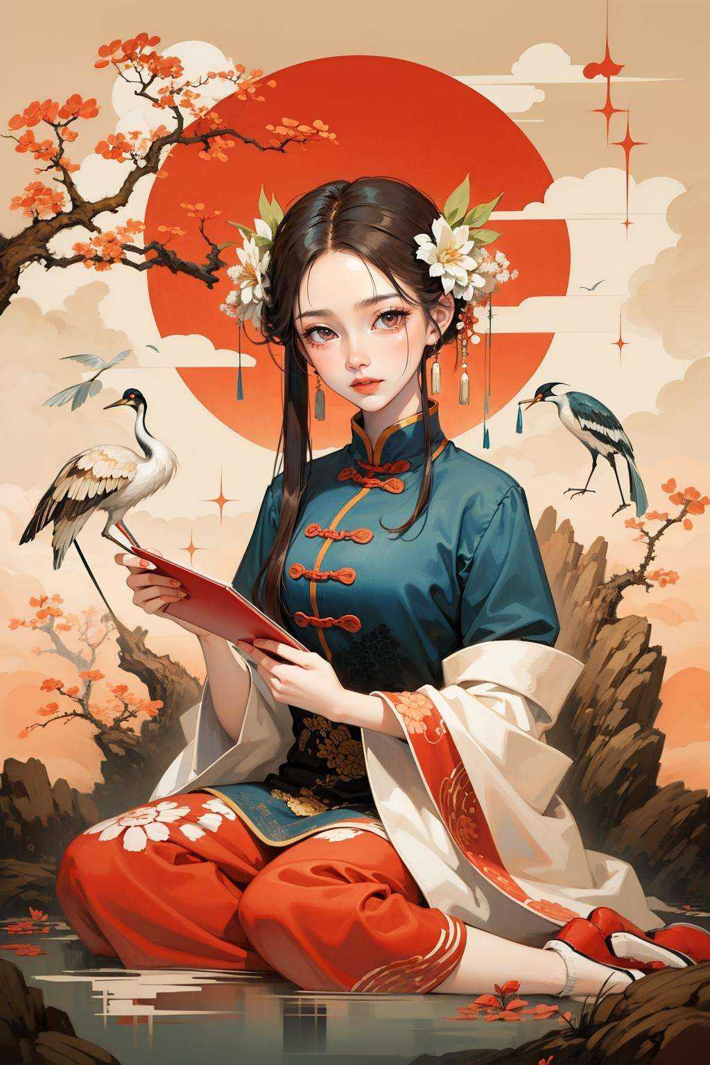 <lora:鹤﷿:0.8>,chinese ink painting style,1girl,