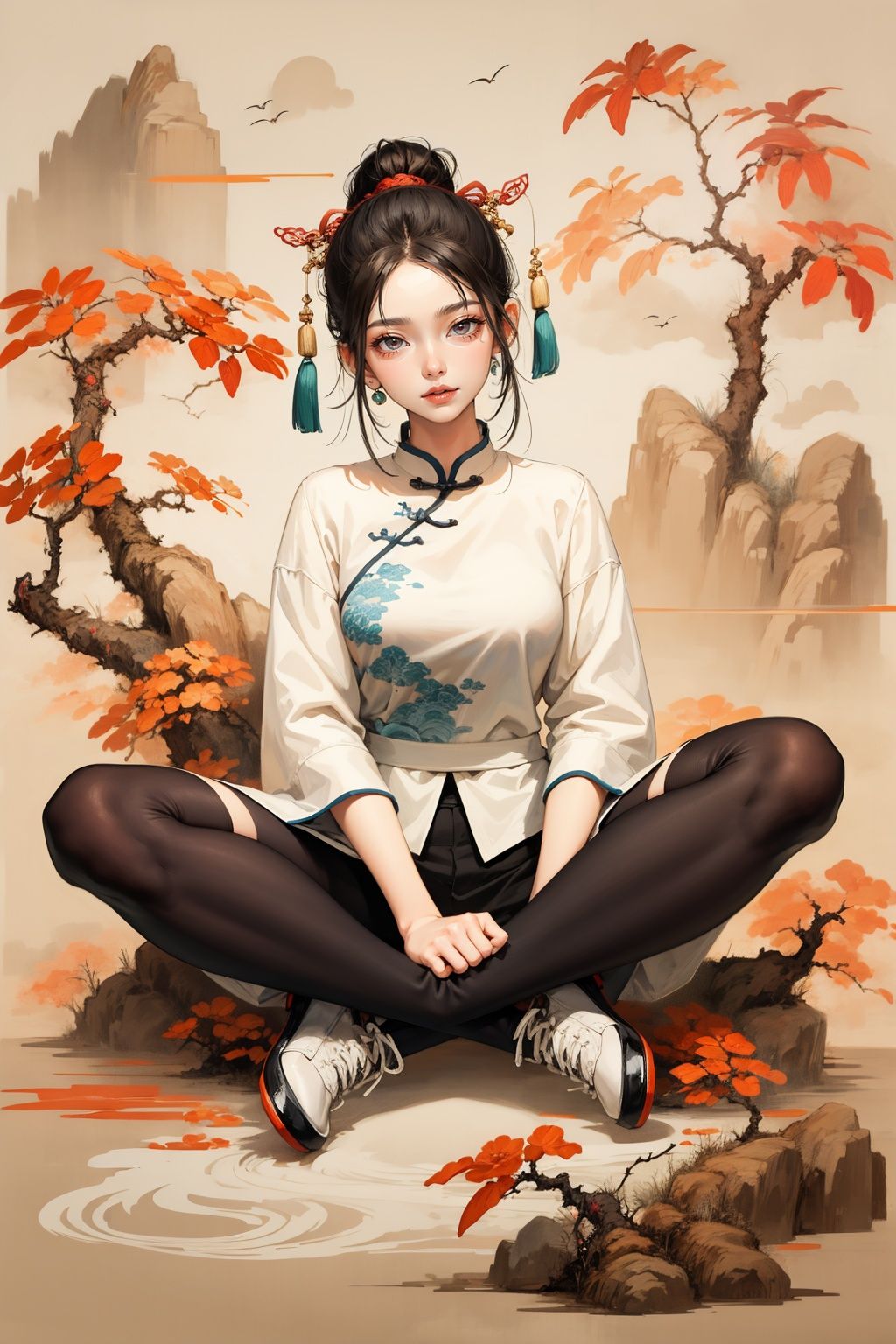 <lora:鹤仙:0.8>,chinese ink painting style,1girl,