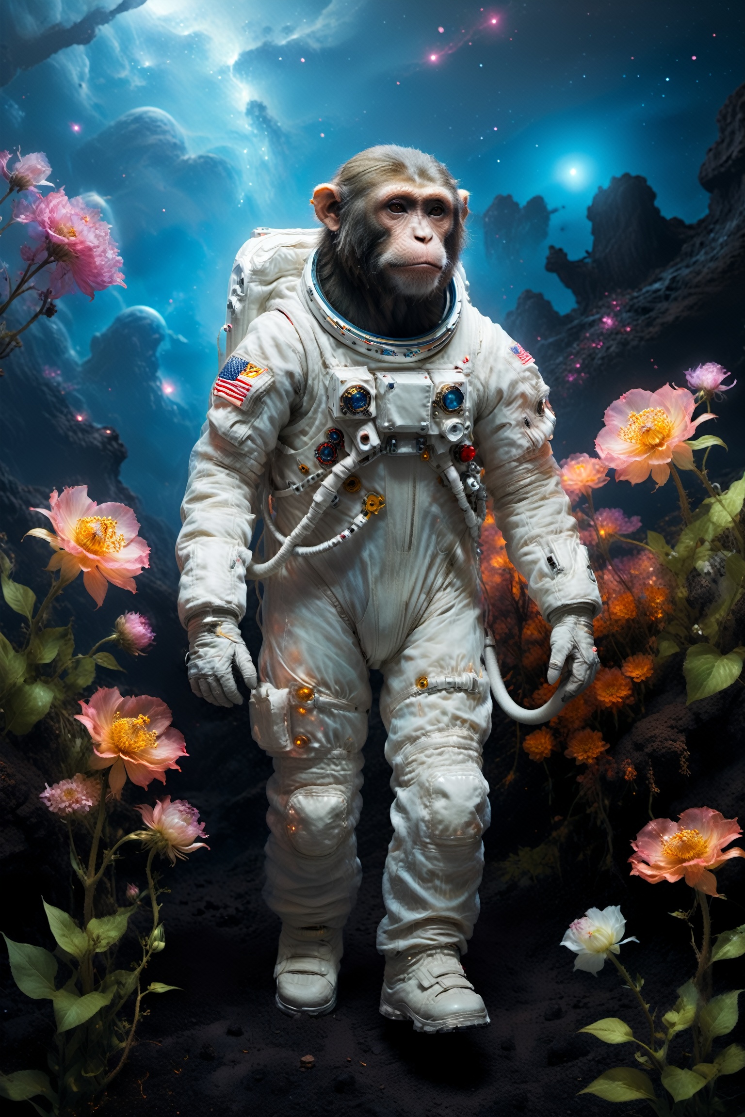 A bioluminescent monkey astronaut in a hi-tech space suit,  walking in the dark planet among glowing etheral ghost flowers...