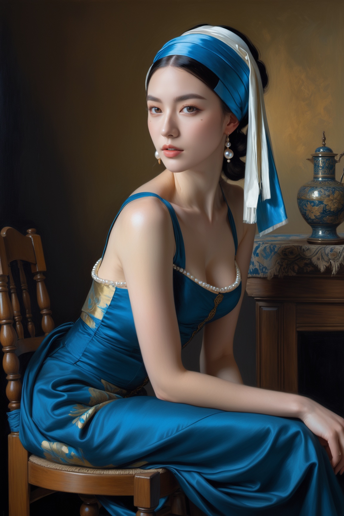 Painting of lady Johannes Vermeer,  Girl with a Pearl Earring,  naked on Tensor.Art