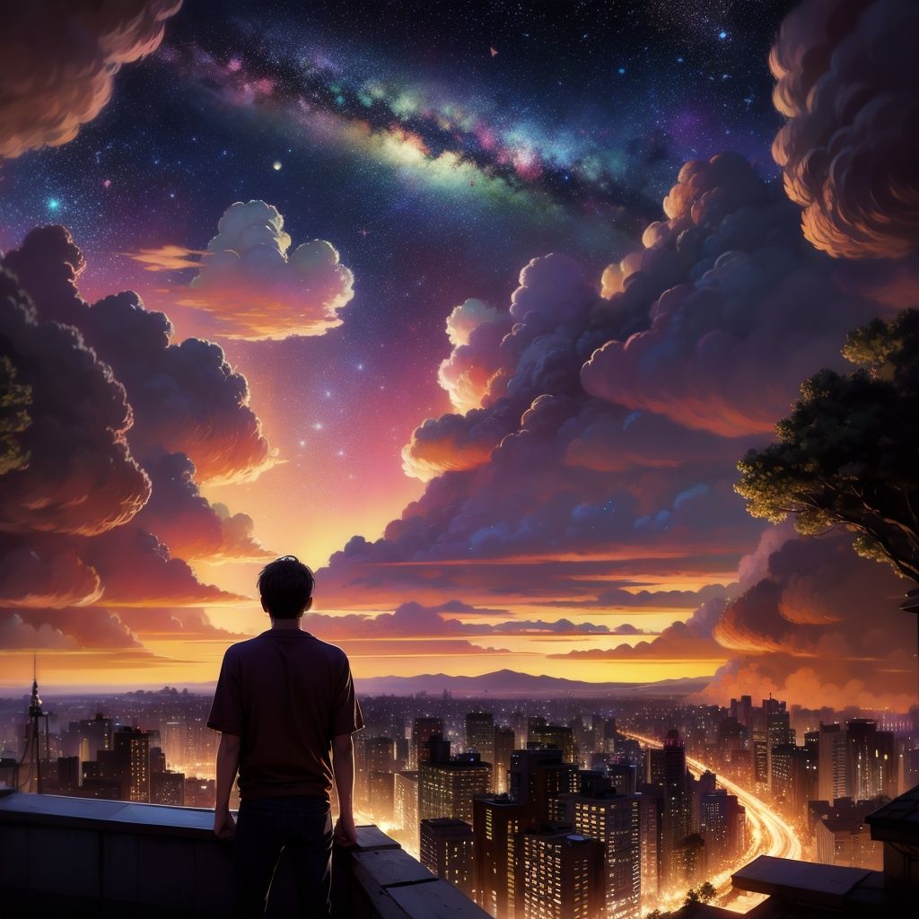 <lora:yhc:1>yhc, scenery, sky, cloud, solo,  star \(sky\), outdoors, 1boy, sunset, standing, building, horizon, starry sky, rooftop
