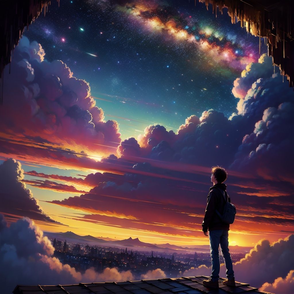 <lora:yhc:1>yhc, scenery, sky, cloud, solo,  star \(sky\), outdoors, 1boy, sunset, standing, horizon, starry sky, rooftop
