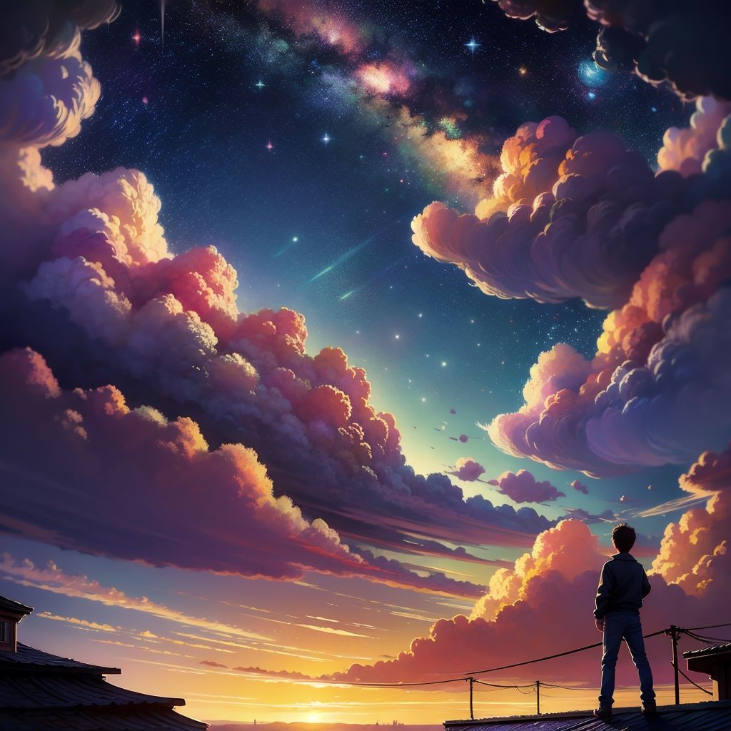 <lora:yhc:1>yhc, scenery, sky, cloud, solo,  star \(sky\), outdoors, 1boy, sunset, standing, building, horizon, starry sky, rooftop