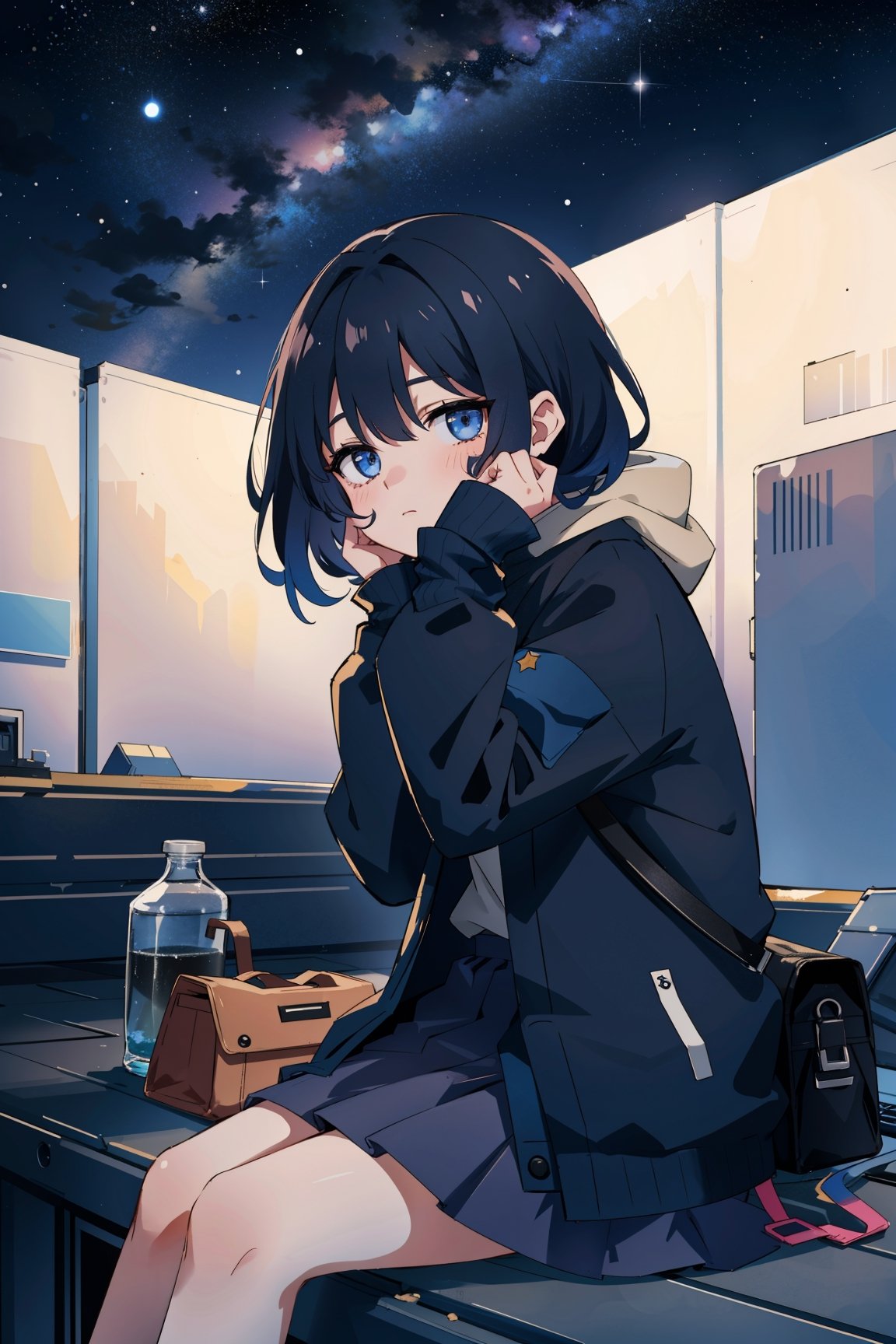 A girl sits on the rooftop,  gazing up at the starry sky. The photograph captures only her silhouette,  concealing her fac...