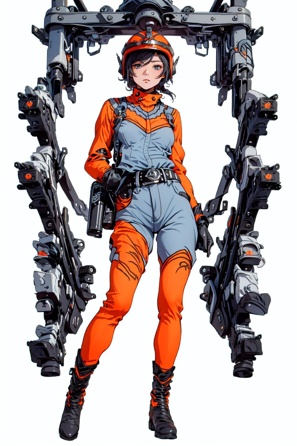 (masterpiece:1.3), (the best quality:1.2), (super fine illustrations:1.2), (Masterpiece), high quality, high detail,((white background:1.2)), looking at viewer, (SOLO:1.4),outline,,simple background, tac style, collar, black belt, belt pouch, helmet, uniform, orange bodysuit, orange legwear,orange jacket, black footwear, gloves,boots,tac style