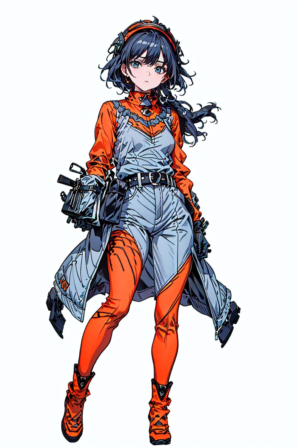 (masterpiece:1.3), (the best quality:1.2), (super fine illustrations:1.2), (Masterpiece), high quality, high detail,((white background:1.2)), looking at viewer, (SOLO:1.4),outline,,simple background, tac style, collar, black belt, belt pouch, helmet, uniform, orange bodysuit, orange legwear,orange jacket, black footwear, gloves,boots,tac style