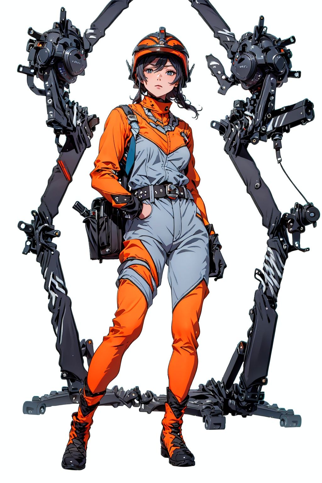 (masterpiece:1.3), (the best quality:1.2), (super fine illustrations:1.2), (Masterpiece), high quality, high detail,((white background:1.2)), looking at viewer, (SOLO:1.4),outline,,simple background, tac style, collar, black belt, belt pouch, helmet, uniform, orange bodysuit, orange legwear,orange jacket, black footwear, gloves,boots,tac style