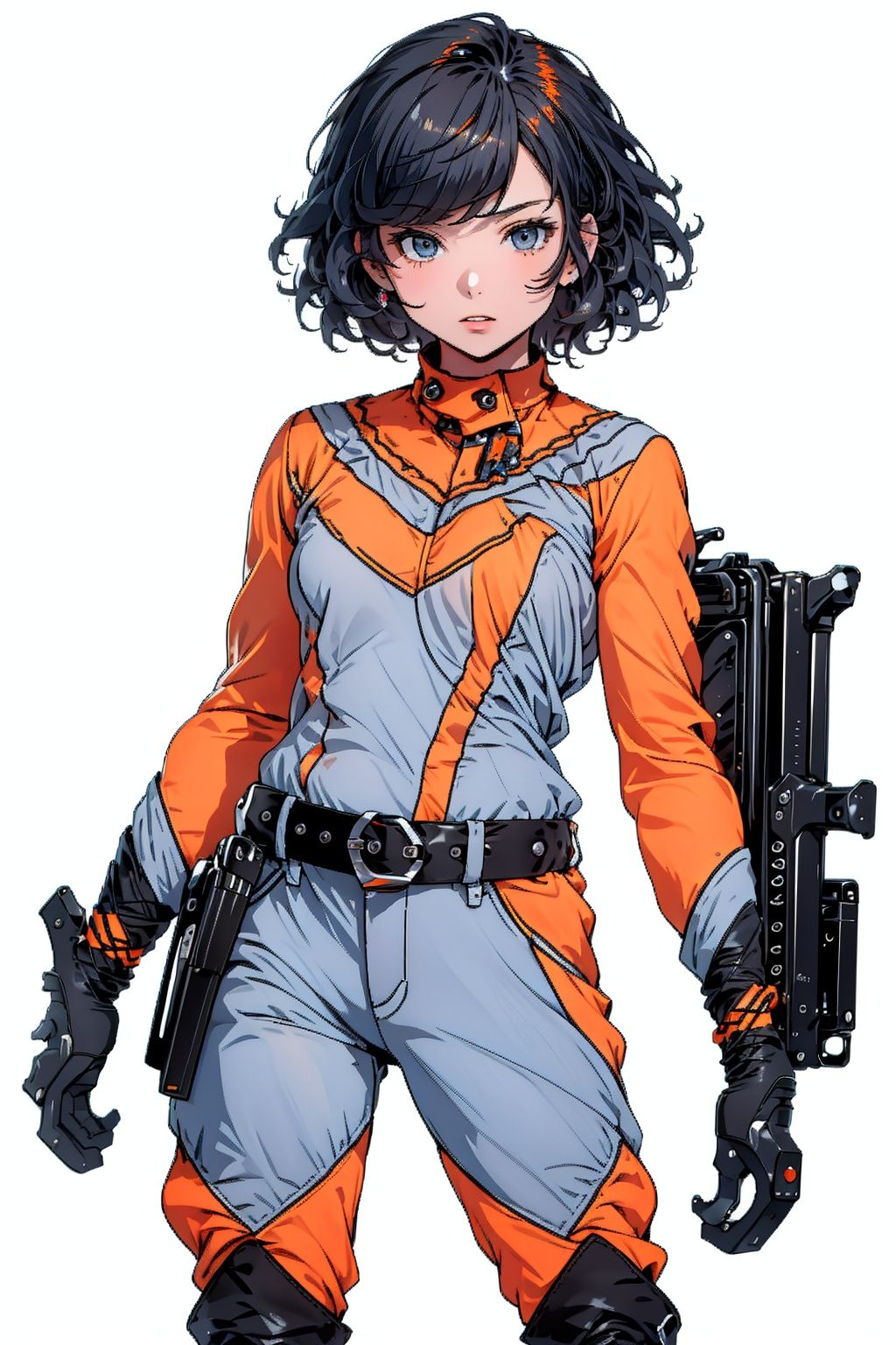 (masterpiece:1.3), (the best quality:1.2), (super fine illustrations:1.2), (Masterpiece), high quality, high detail,((white background:1.2)), looking at viewer, (SOLO:1.4),outline,,simple background, tac style, collar, black belt, belt pouch, helmet, uniform, orange bodysuit, orange legwear,orange jacket, black footwear, gloves,boots,tac style