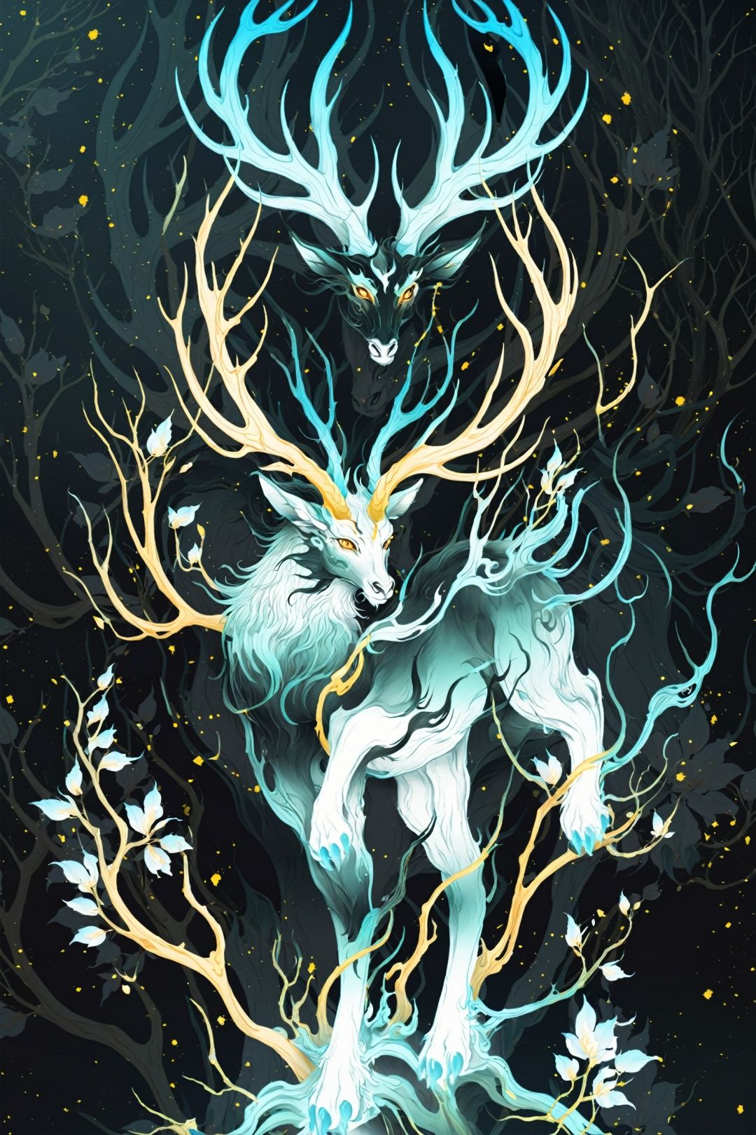 shanhaijing, antlers, no humans, tree, glowing, glowing eyes, outdoors, bare tree, forest, looking at viewer, nature, solo, full body, horns, monster, he, 