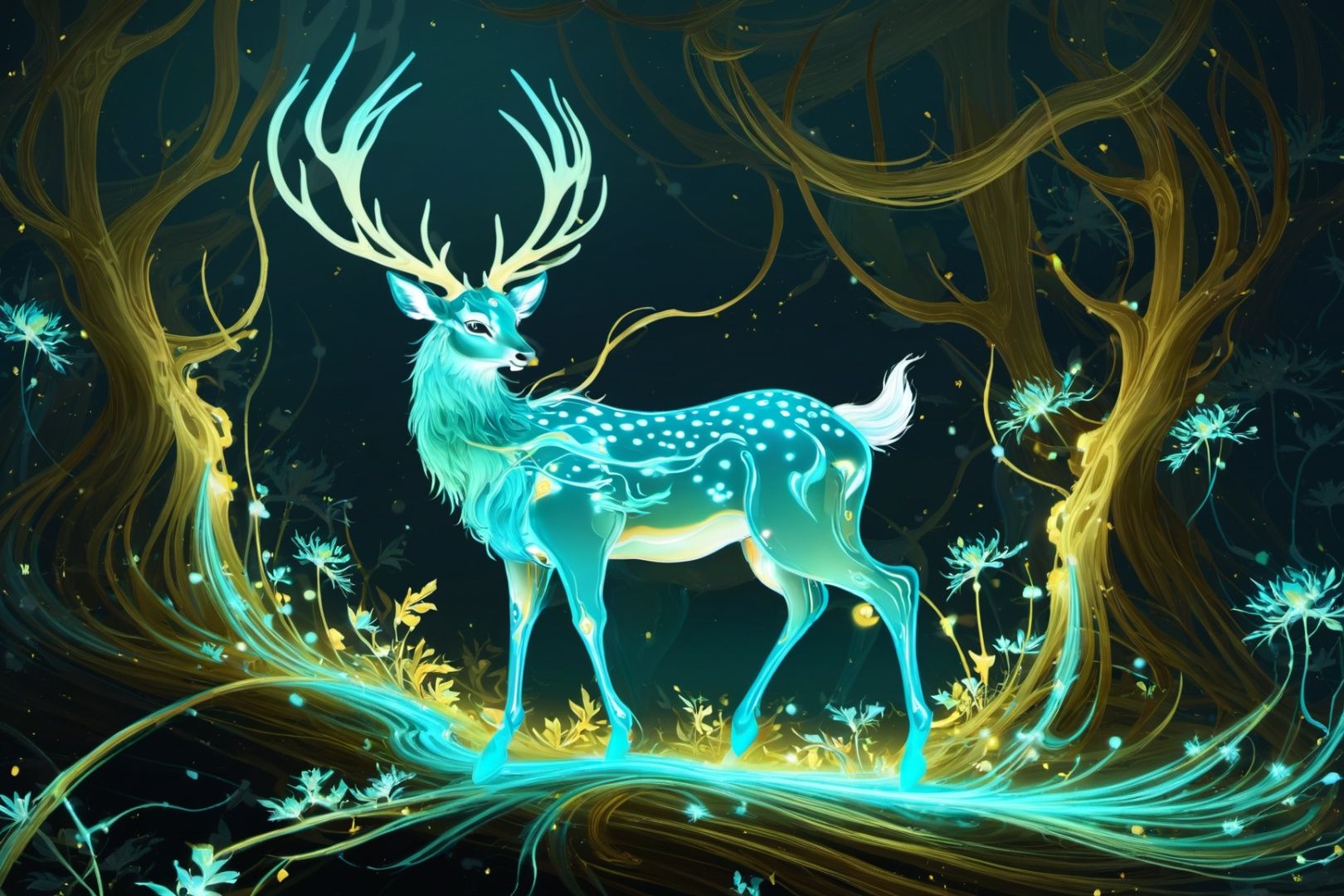 bioluminescence,(1 glowing bioluminescence deer),forest,XP,chenjialing, masterpiece, best quality,