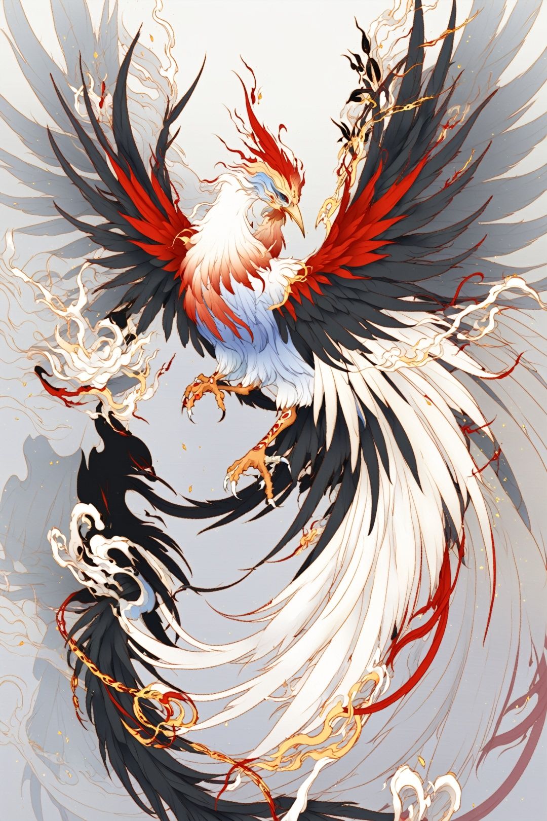 shenshou, no humans, bird, pokemon (creature), white background, talons, solo, cloud, simple background, full body, animal focus, wings, claws, closed mouth, red eyes, blue eyes, beak, flying, smoke, armor, feathered wings