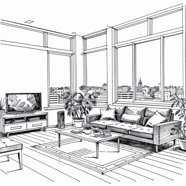 no one, window, plant, table, architecture, city, interior, cup, potted plant, chair, sofa,black and white line drawing <lora:Architectural Lines:0.5>