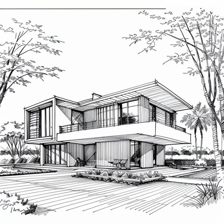 masterpiece, best quality, .archline, sketch, concept, perspective, monochrome, grayscale, white background, modernist villa, tree