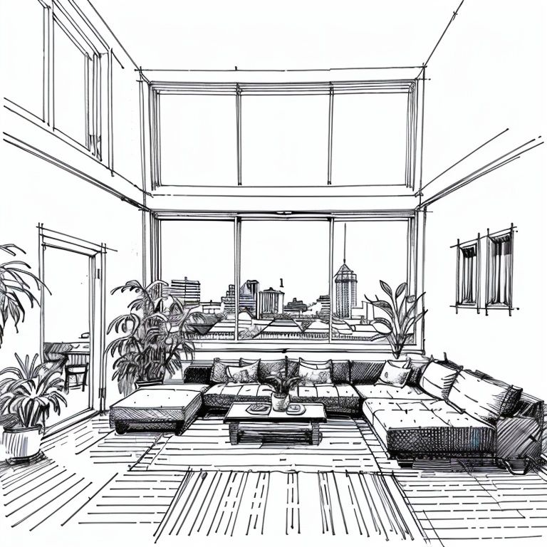 no one, window, plant, table, architecture, city, interior, cup, potted plant, chair, reflection, sofa <lora:Architectural Lines:0.8>